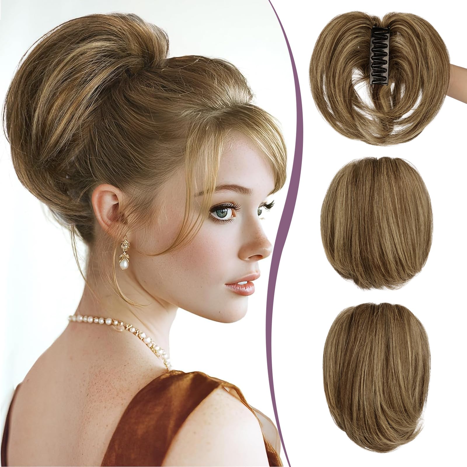 RUWISS Coda Capelli Extension con Pinza, Coda Finta Umani Capelli Corti con Metalli Pieghevoli 22cm Dritto Chignon Capelli Veri per Donna, Castano Cioccolato con Biondo Chiaro Dorato