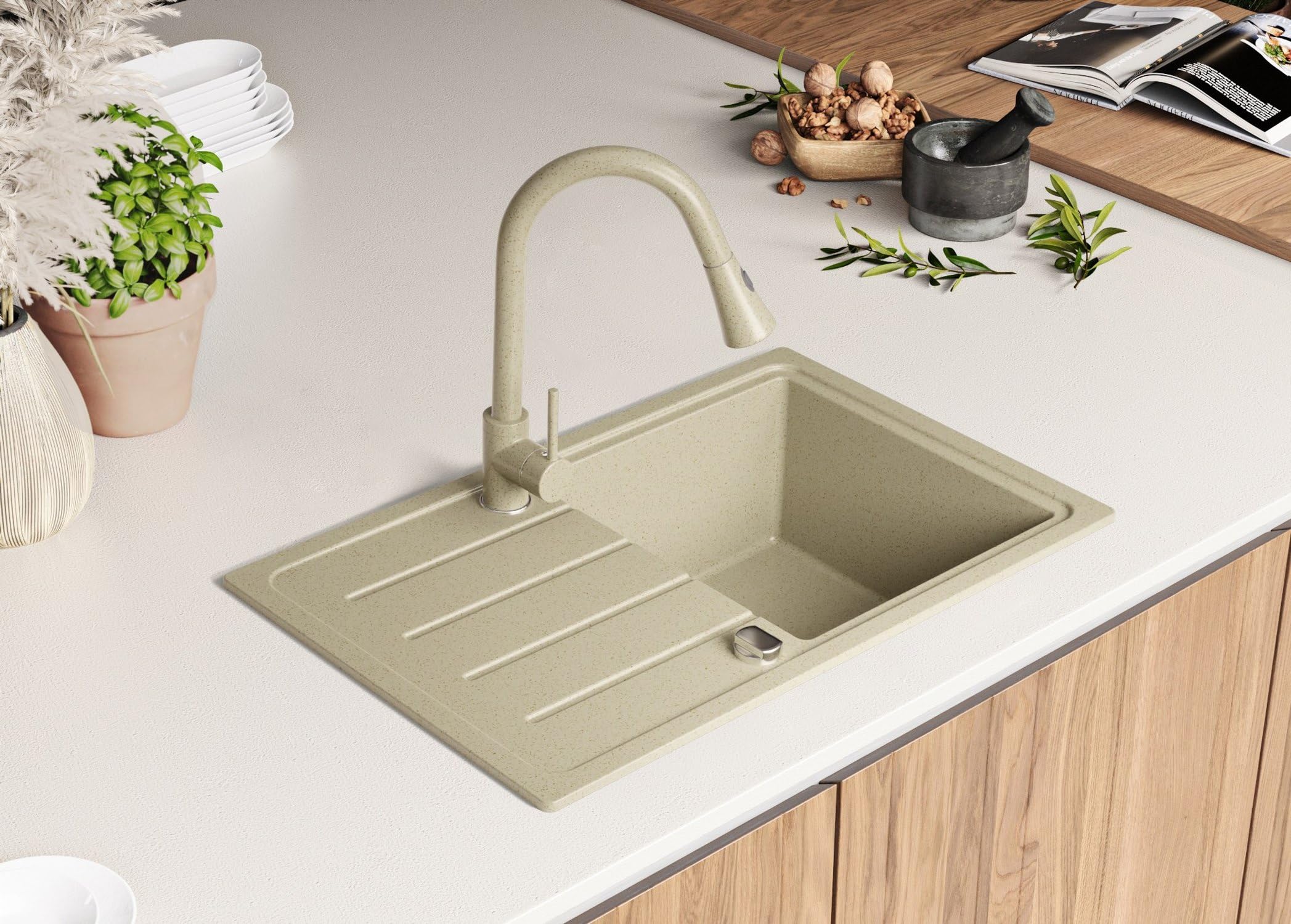 PRIMAGRAN Evier Cuisine en Granit Tout Beige 70x44cm, Lavabo 1 bac + Robinet 32x20cm + Kit de Vidage, Évier à Encastrer au Meuble 45cm - Copenhague Easy S052