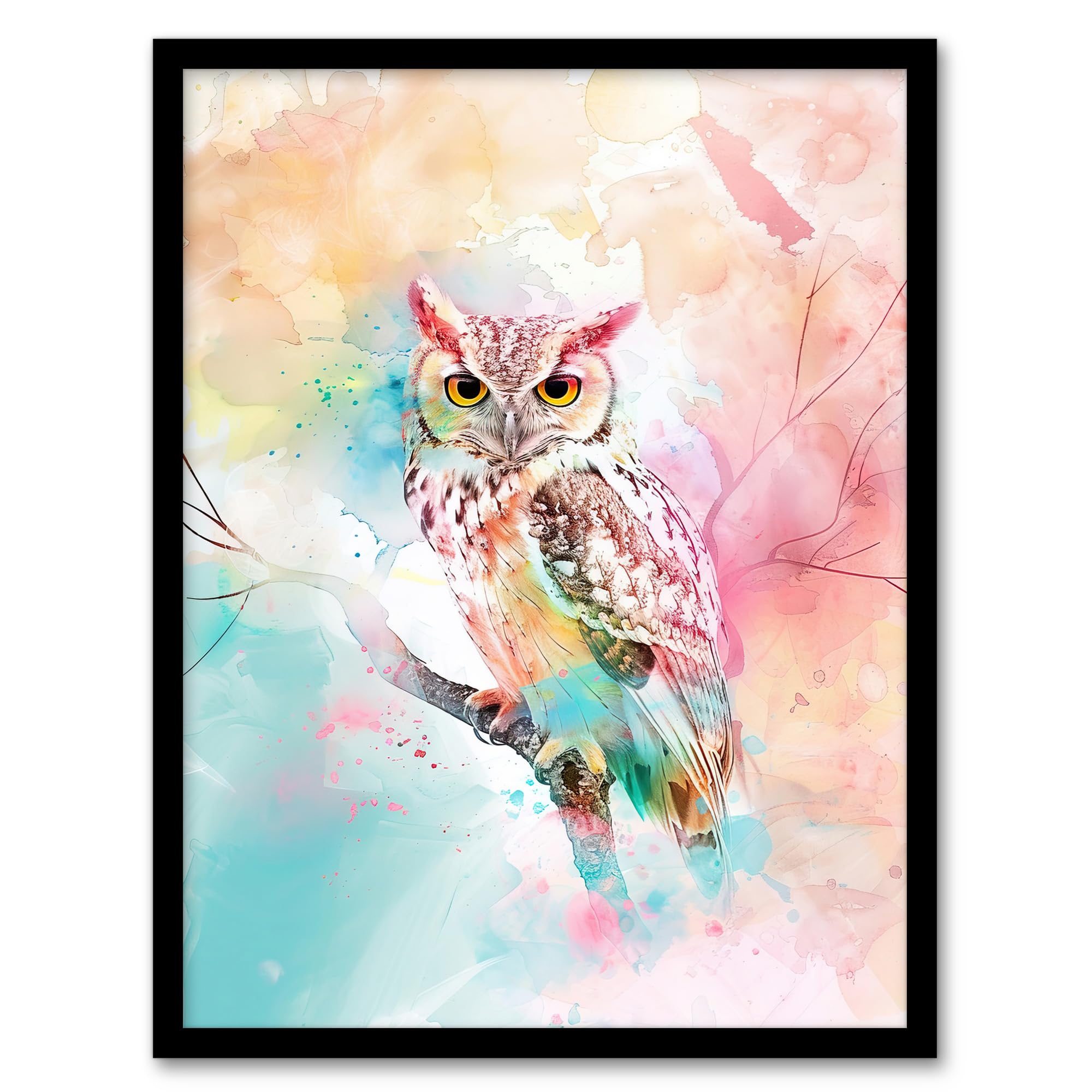 Artery8 Framed Art Print - Owl on Branch - Pastel Rainbow Watercolour - A4 Size