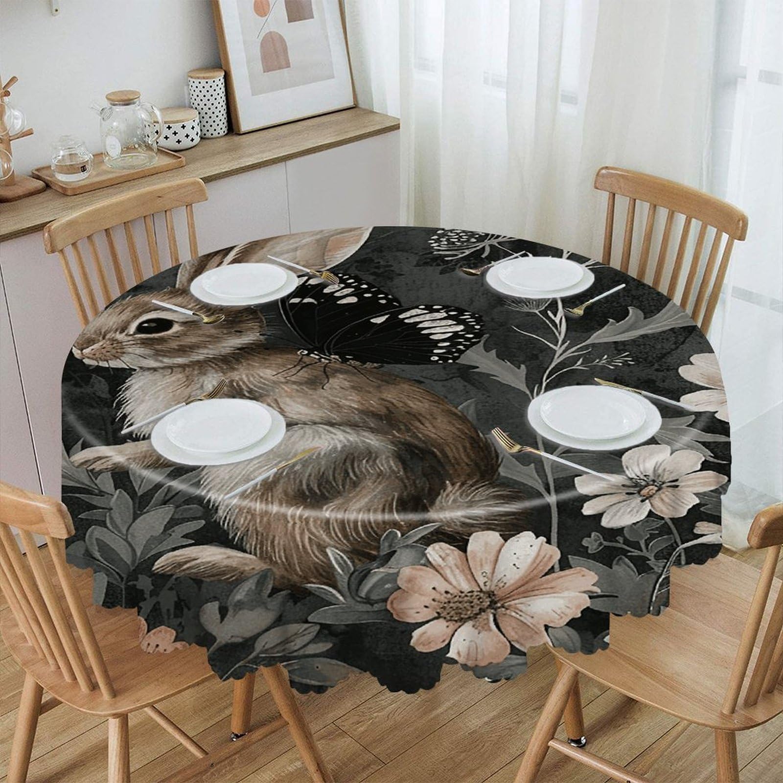 LZQPOEAS Flowers and Rabbit Round Tablecloth Rustic Circle Table Cloth Wrinkle Resistant Decor Tablecloth Waterproof Washable Table Cover for Kitchen Party Dining Table 60 Inch