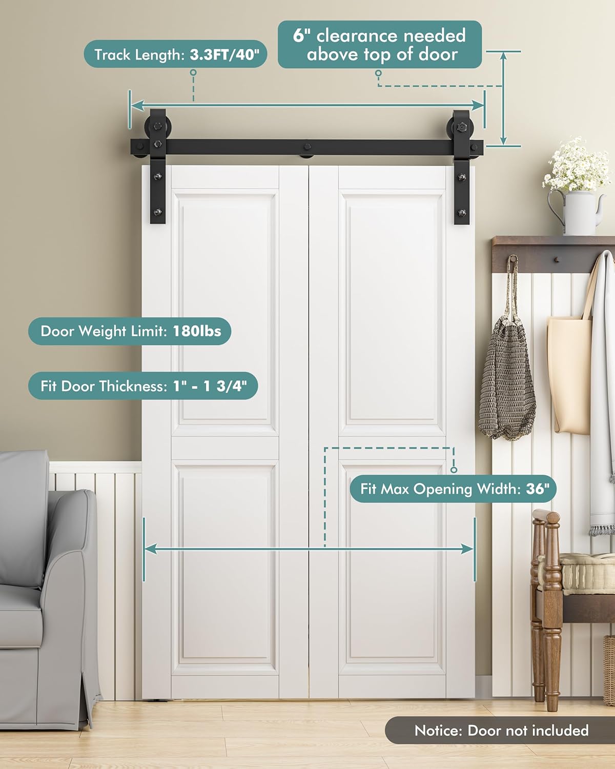 bifold barn door hardware kit - 40 inch closet folding barn door kit - bi fold sliding track kits for double 18" wide closets doors pantry slide smoothly - easy install (hardware only) 40'' track for 2 doors
