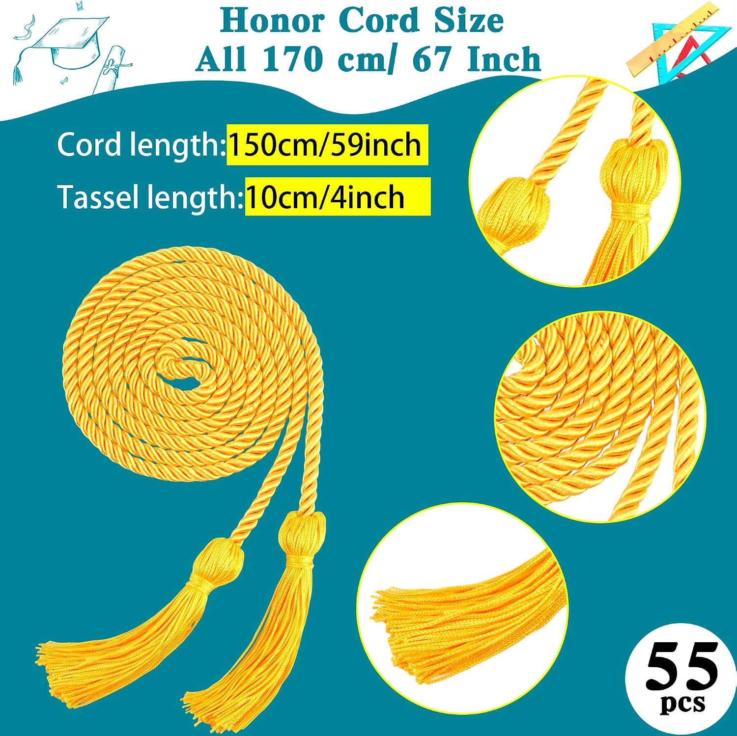 55 Pieces Graduation Honor Cord 67 inch Polyester Braided Honor Cord with Tassel for for Bachelor Master Doctor Graduation Students (Gold)