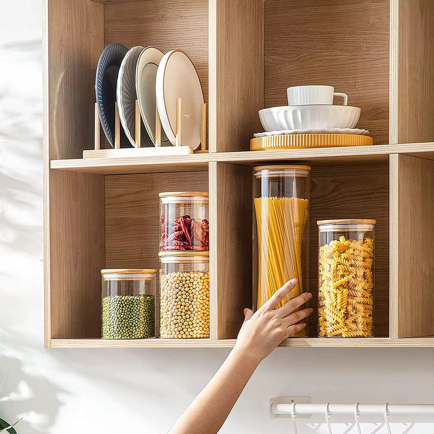 Confezione da 5 barattoli in vetro con coperchio in bambù, contenitori ermetici in vetro borosilicato per dispensa, organizzazione della cucina, pasta e spaghetti, spezie e alimenti secchi