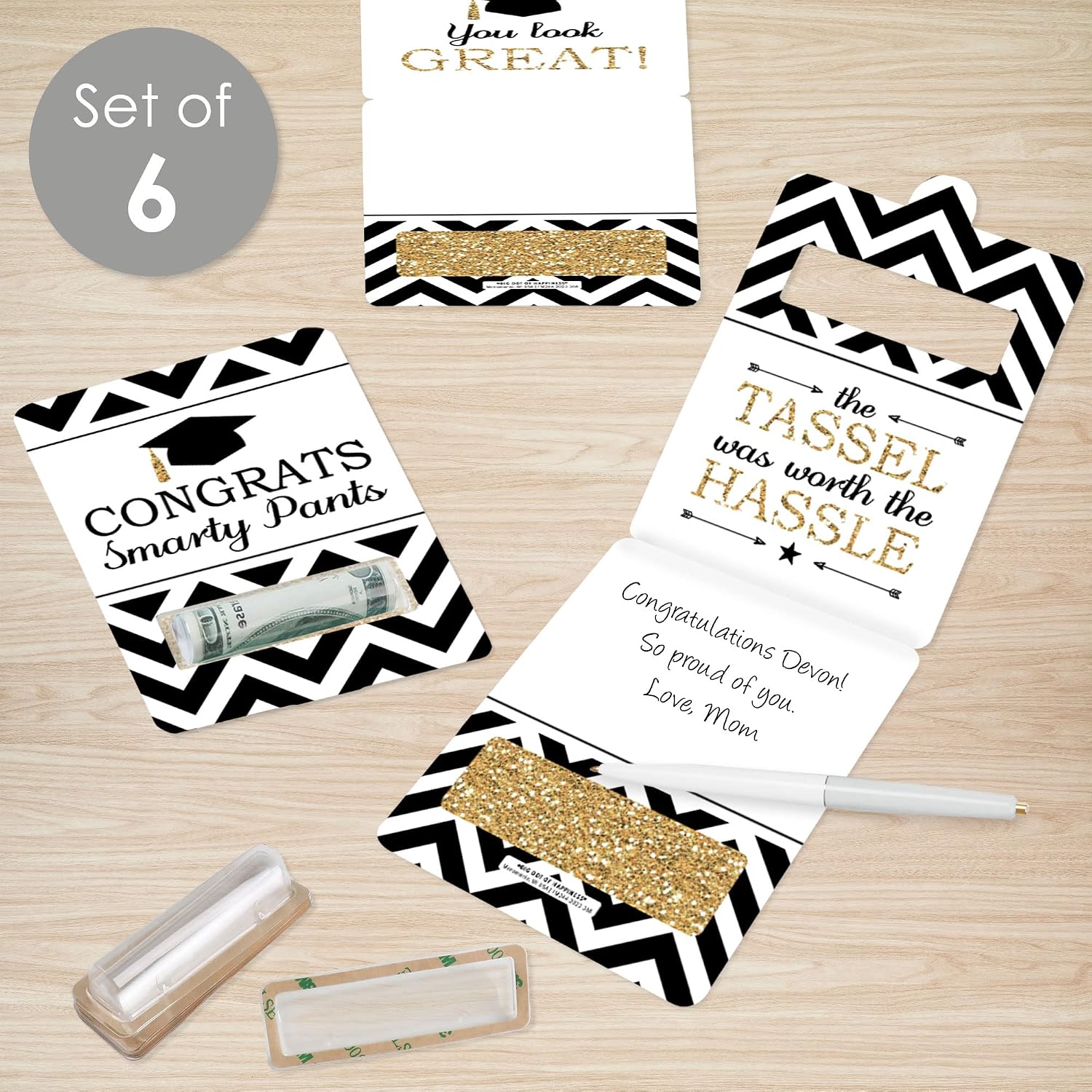 Big Dot of Happiness Tassel Worth the Hassle - Gold - DIY Assorted Graduation Party Cash Holder Gift - Funny Money Cards - Set of 6