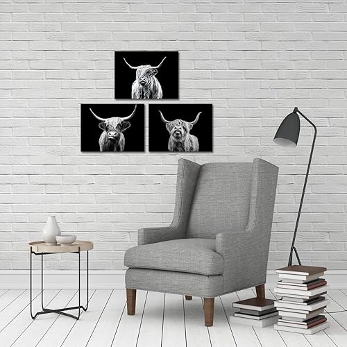 Miniatura 2 de Kreative Arts 3 piezas de arte de pared de Texas Longhorn en blanco y negro, arte de pared de animales de granja, ganado de las tierras altas,