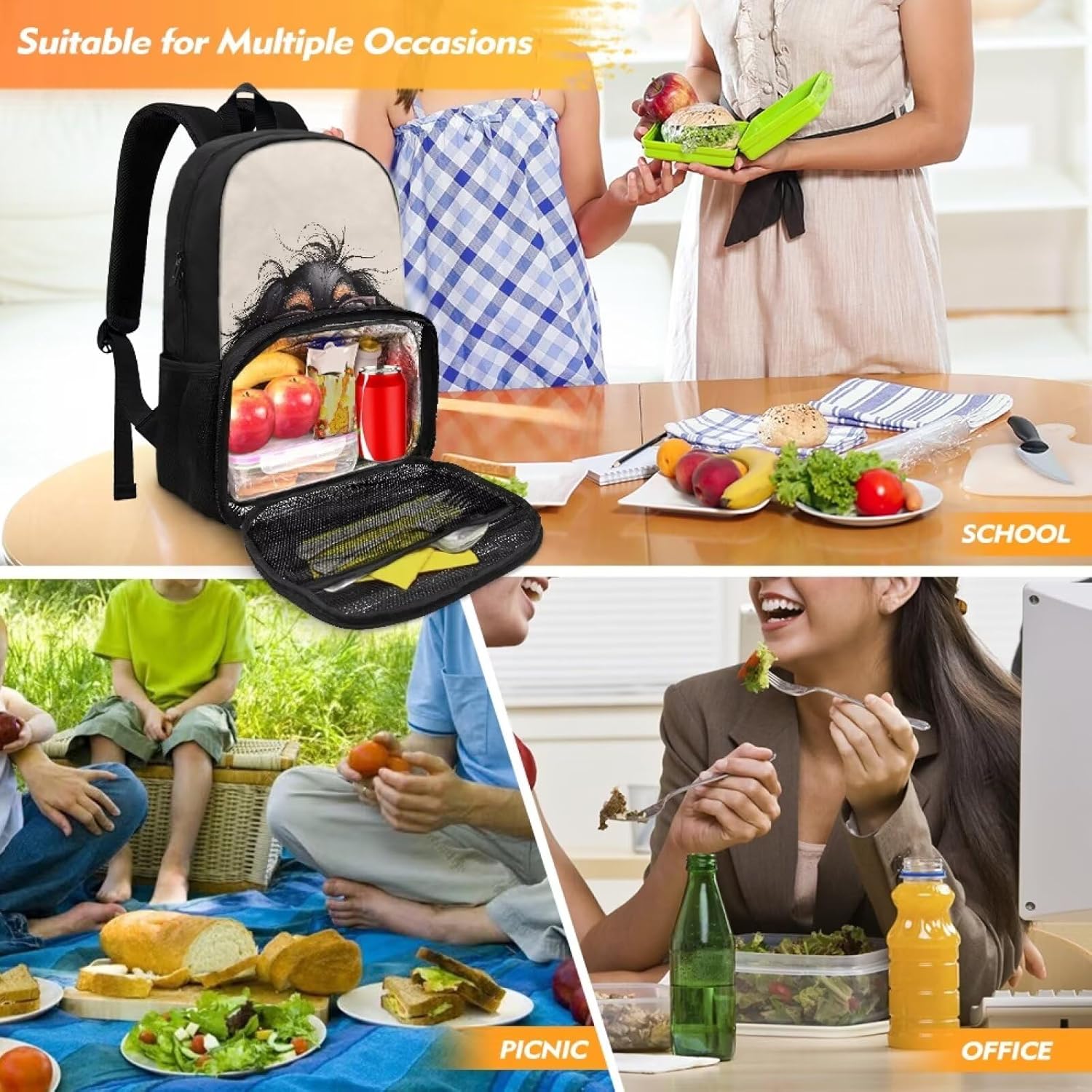 Dog Lunch Backpack for School, 17 Inch All -in-One Lunch Bag Food Compartment Backpacks for Girls 10-12 Insulated Cooler Boys Bookbag Multifunctional Daypack for Students