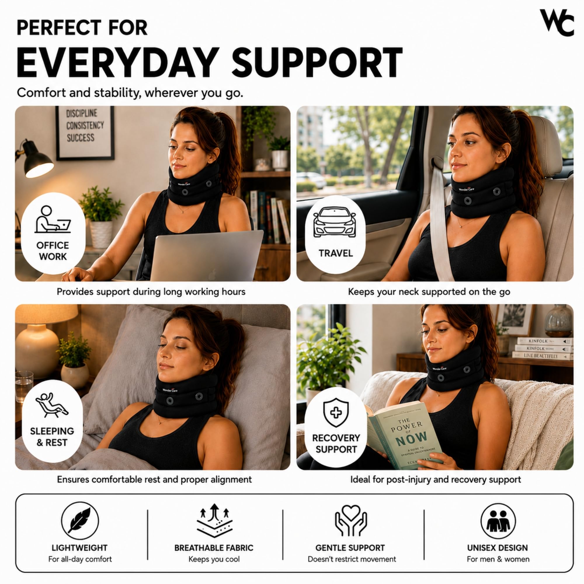 Wonder Care Halskrause zum Schlafen, verstellbare Halskrause, Nackenstütze, weiche Halskrause gegen Nackenschmerzen und zur Unterstützung für Frauen und Männer - schwarz_XXL