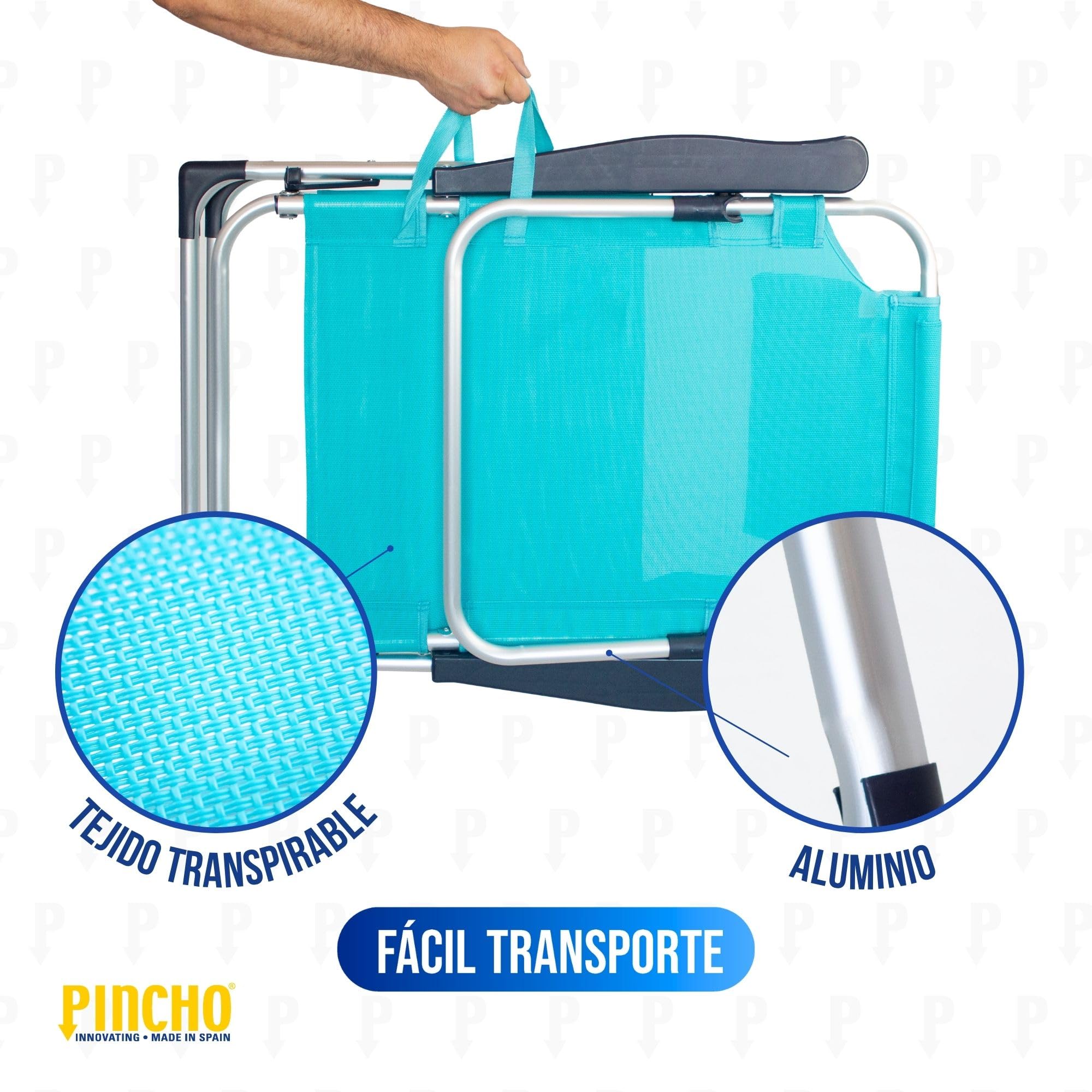 Pincho Silla Playa Plegable, Sillon Alto con Cojín, Reclinable, Altura del Asiento 29,5 cm, Asa de Transporte, Bolsillo para Movil y Bebida Textileno Resistente, Jardin, Camping, Hamaca (Turquesa, 2)