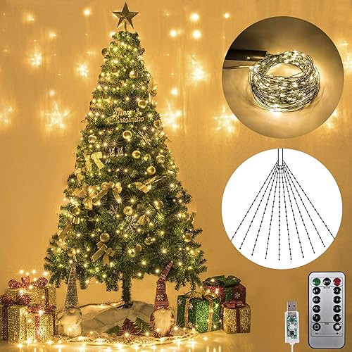 AWQ Guirnalda de 200 luces LED de 6.6 pies x 10 pulgadas para árbol de Navidad, 8 modos, guirnalda de luces LED alimentada por USB con control