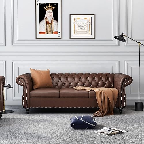 Miniatura 8 de ONCIN Chesterfield - Sofá de cuero para sala de estar, sofá de 3 plazas, sofá copetudo, piel sintética con brazos enrollados y cabeza de clavo para