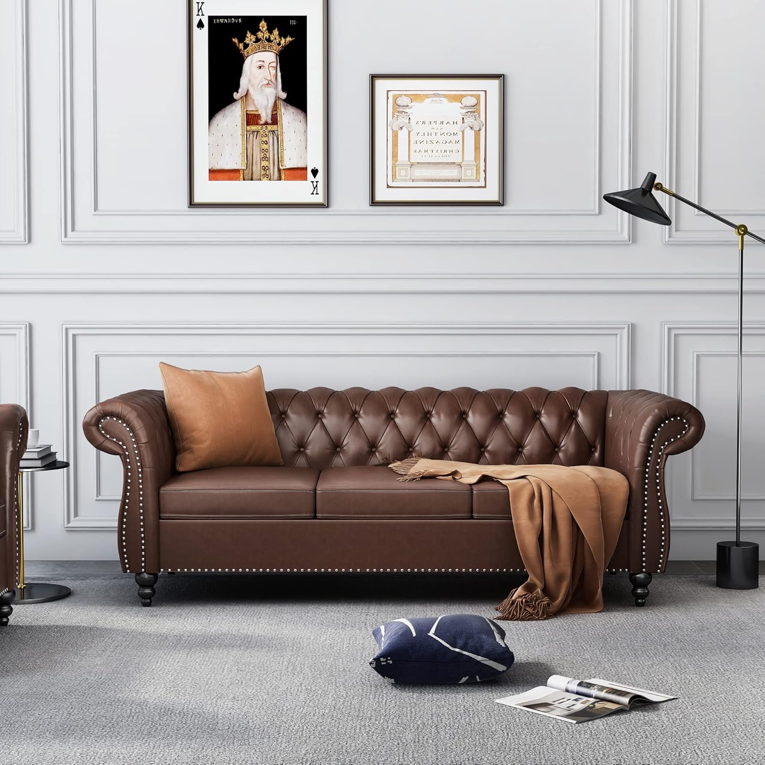 ORRD Chesterfield Sofa Leather, Modern PU Tufted Couch 3 Seater with Rolled Arms and Nailhead for Living Room, Bedroom, Office, Apartment (Dark Brown) ORRD Chesterfield Sofa Leather, Modern PU Tufted Couch 3 Seater with Rolled Arms and Nailhead for Living Room, Bedroom, Office, Apartment (Dark Brown)