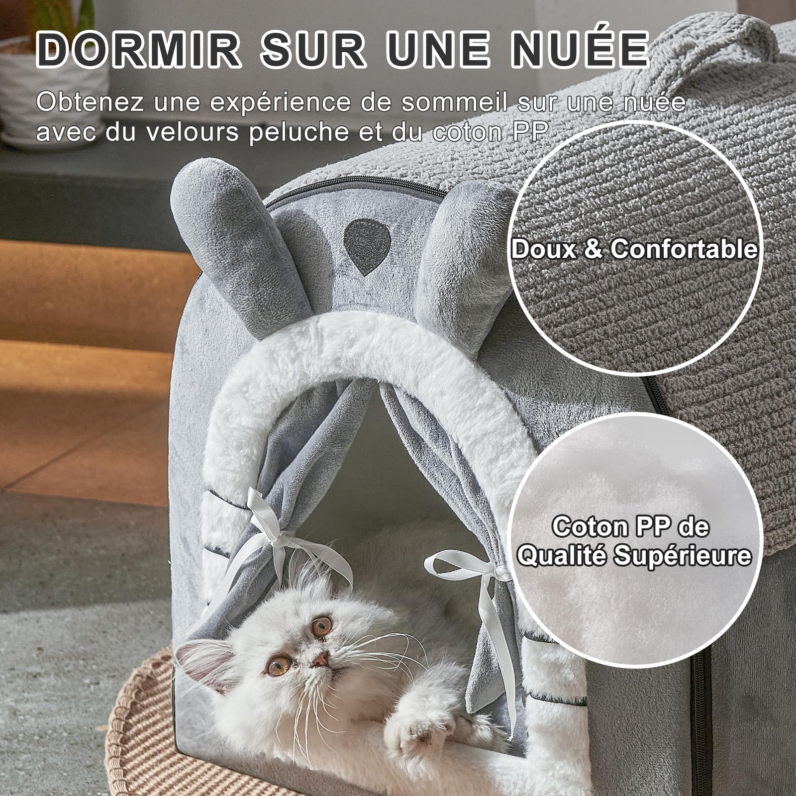 Jiupety Mignonne Niche pour Chien Interieur, Niches à Chien pour Chats et Chiots, Maison Chiens avec Rideau Design, Dog House Taille L, Grey