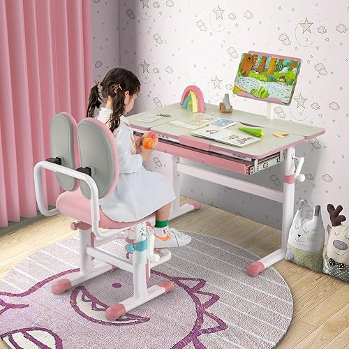 Miniatura 16 de Costzon Escritorio para niños, mesa de estudio ergonómica de altura ajustable para niños con escritorio inclinable y soporte para libros, cajón de