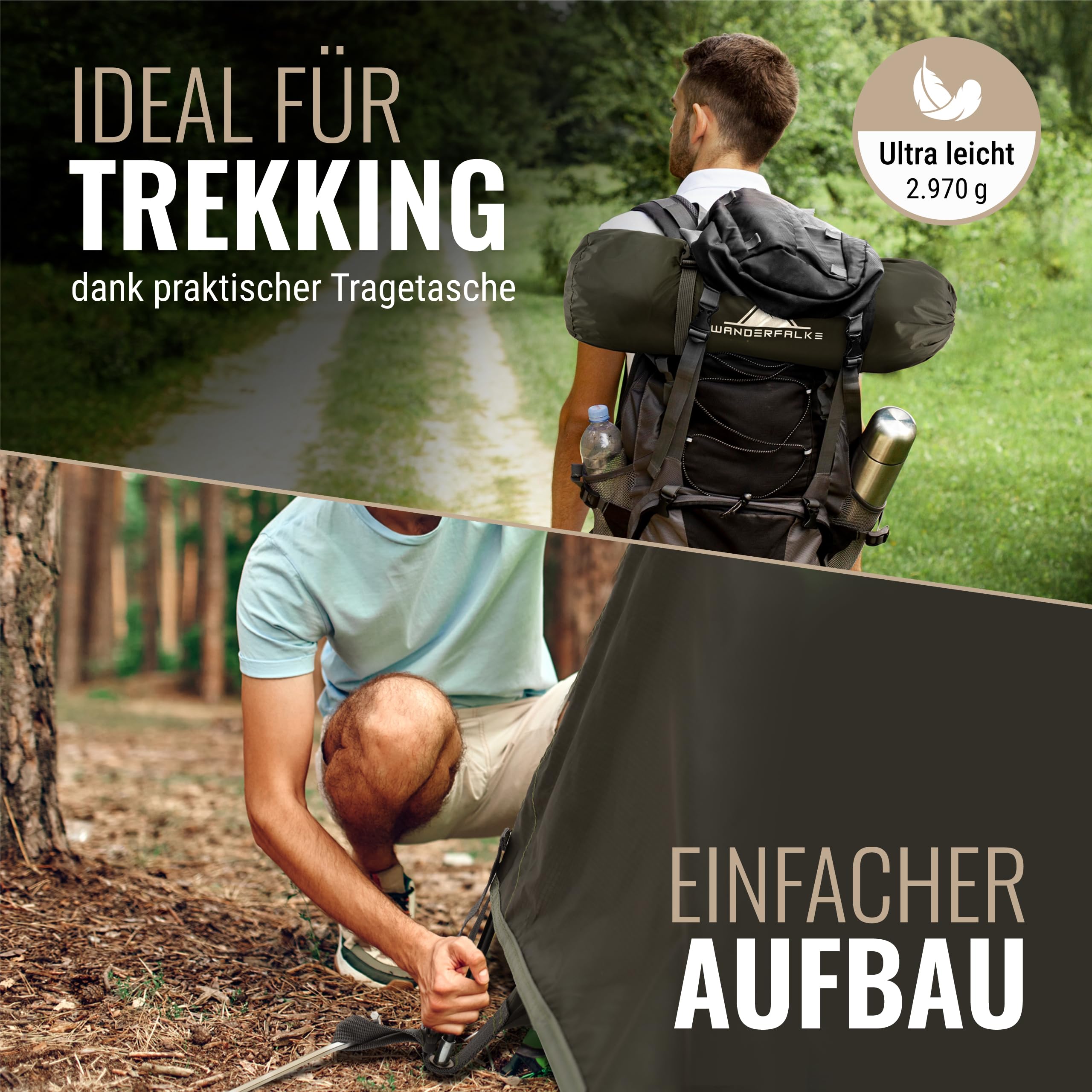 WANDERFALKE® Tenda impermeabile per 2 persone, ultraleggera e ingombro ridotto, montaggio rapido – Tenda da esterno per campeggio, trekking, ciclismo, pesca, festival UVM. - Perfetto per giornate