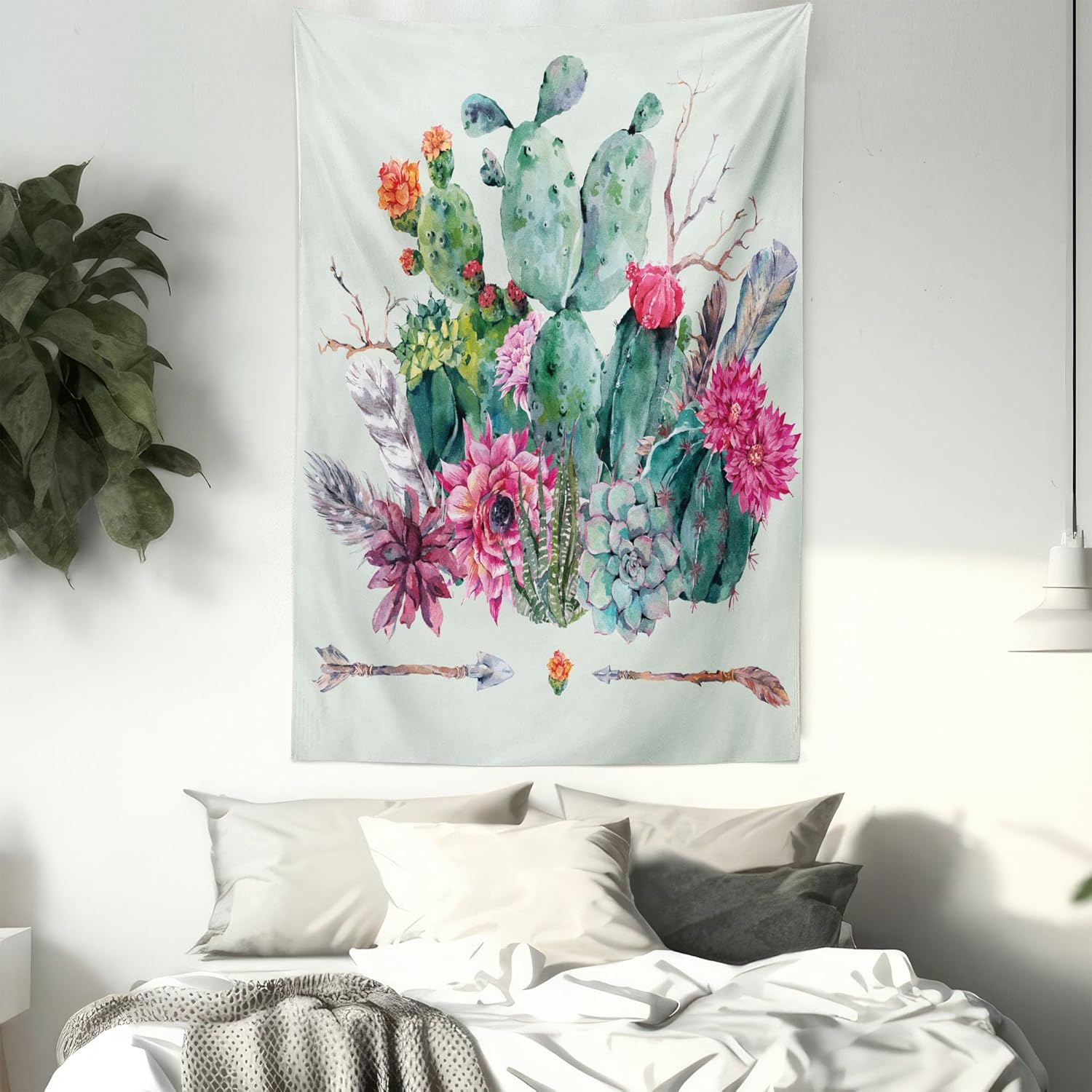 Ambesonne Cactus Tapestry, Spring Garden Boho Style Bouquet of Thorny Plants Blossoms Arrows Feathers, Wall Hanging for Bedroom Living Room Dorm Decor, 40" X 60", Rose Green Brown