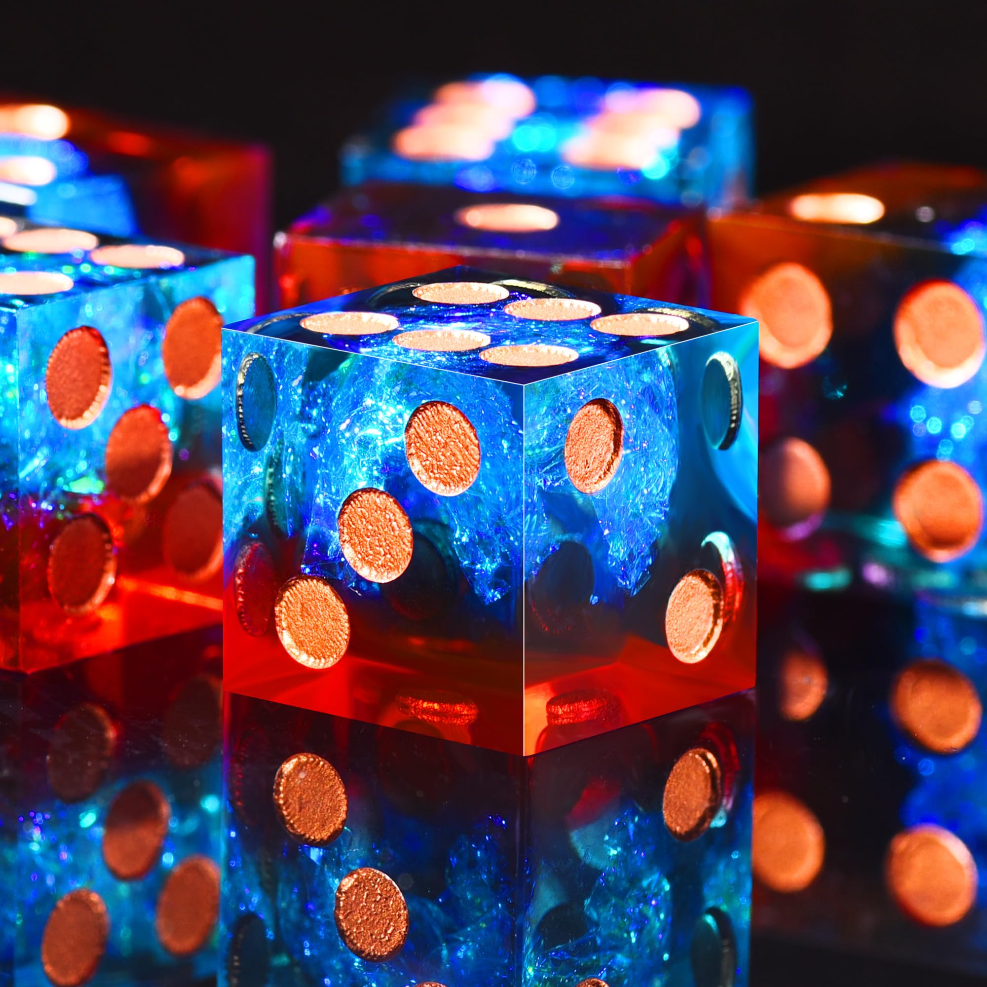 SIQUK 6 Sided Dice Handmade Sharp Edge Game Dice Set 6 Pieces Standard Dice 16mm Resin Dice with Metal Case for Tenzi, Farkle, Yahtzee, Bunco or Teaching Math, Flame Red & Ice Blue