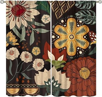 Boho Floral Curtains Rustic Tropical Leaves Bohemian Flower Colorful Mandala Plants Botanical Spring India Aesthetic Art Printed Living Room Window Drapes Treatment Fabric 42" x45 Decor
