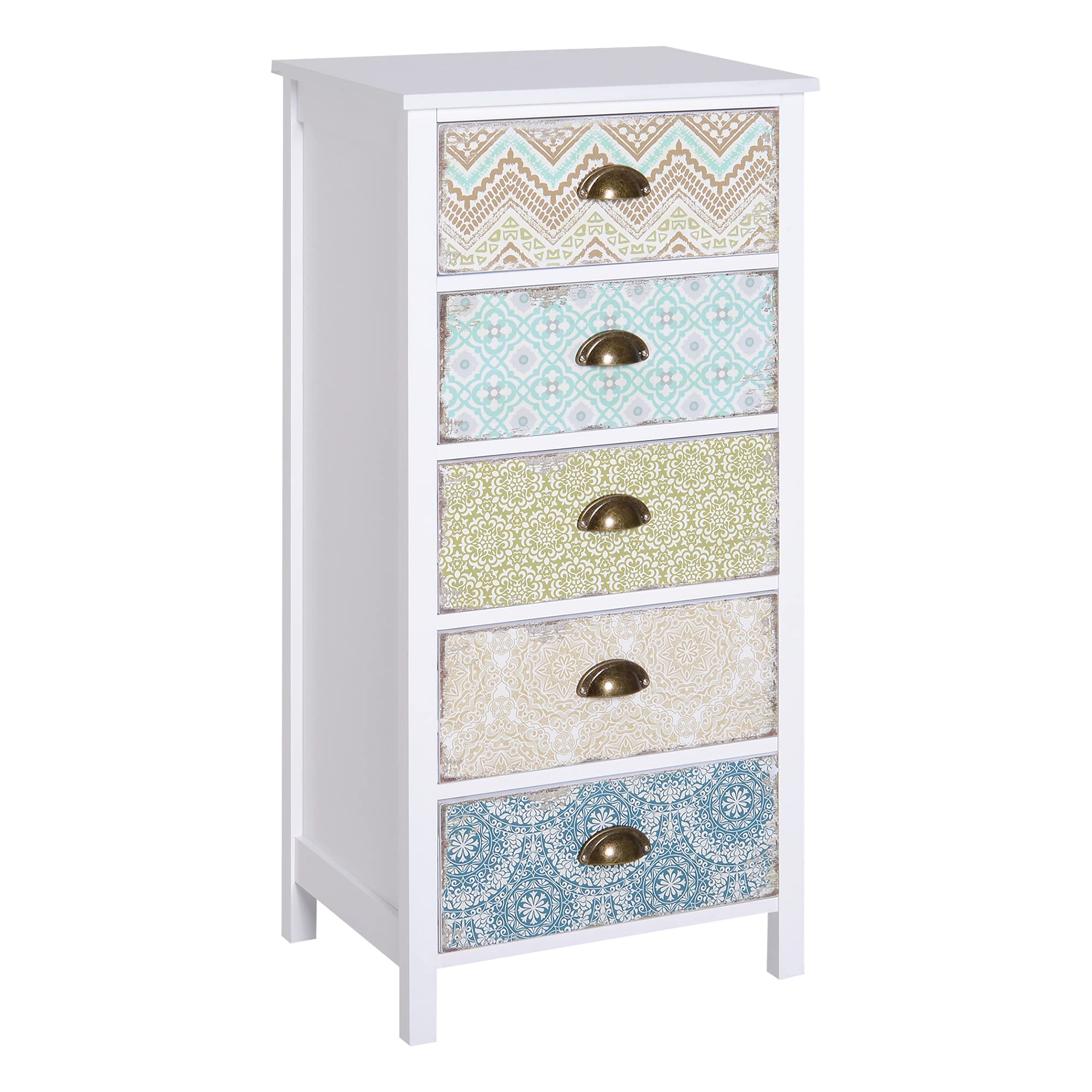 Homcom Storage Chest Unit Dresser 5 Drawer Retro Style Wood White Entryway