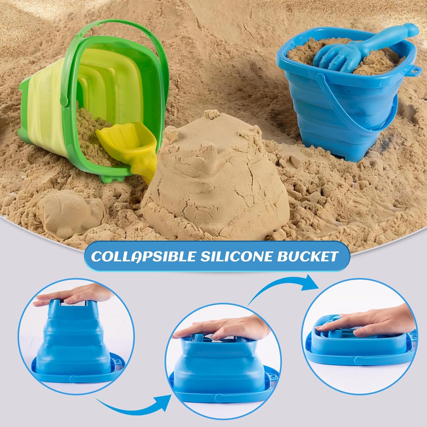 Collapsible Beach Toys Set for Kids,Sand Bucket Shovel, Rake, Mesh Bag 4 Molds & Castle Building Set for Beach Travel,Sandbox Toys, Foldable Beach Essentials for Toddlers 3-10(Blue&Green)