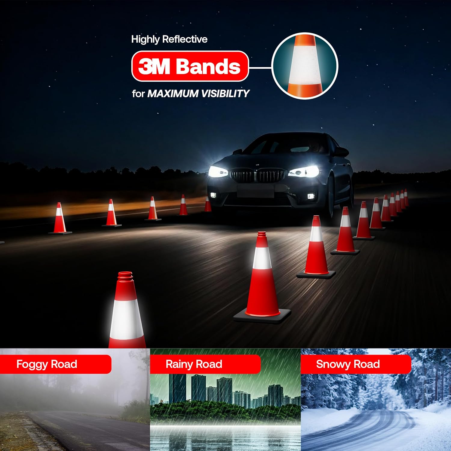 Brimar 18 Inch Traffic Cones, 8 Pack, Orange PVC Safety Cones with Black Base for Construction, Road Parking, MUTCD Approved Traffic Cones with 3M Reflective Band, Structurally Stable Wearproof Design