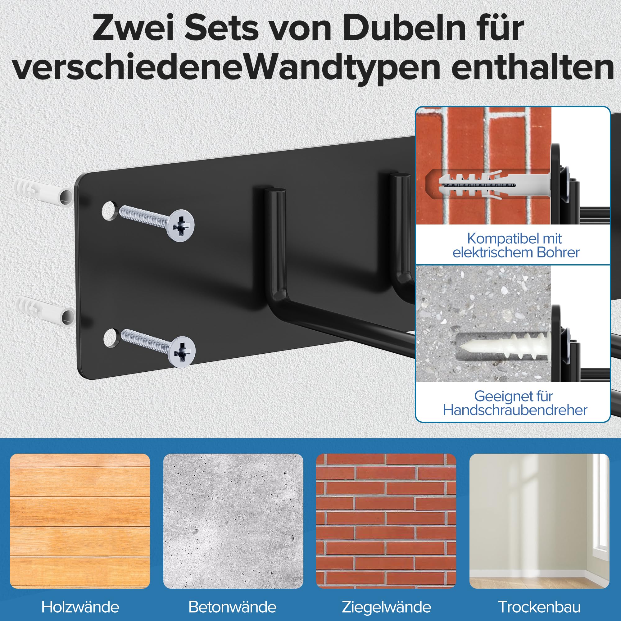 Urban Deco Metall-Gartengerätehalter, Gerätehalter Wandhalterung 150kg Tragkraft mit 4 Doppelhaken & 2 Paneele – Aufhängung für Gartenwerkzeug in Garage, Garten, Keller (Schwarz)