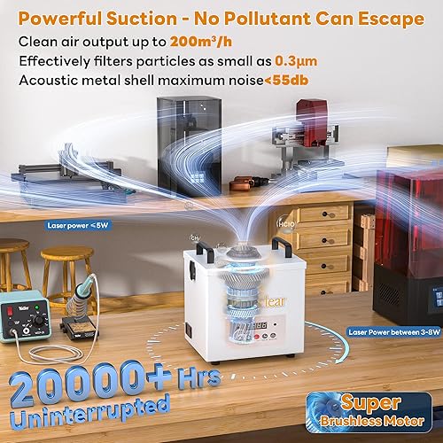 Miniatura 12 de FumeClear Extractor de humos de soldadura: potente succión de 100 W, 200 m³/h, sistema de filtración de 3 etapas de bajo ruido, con 12 filtros