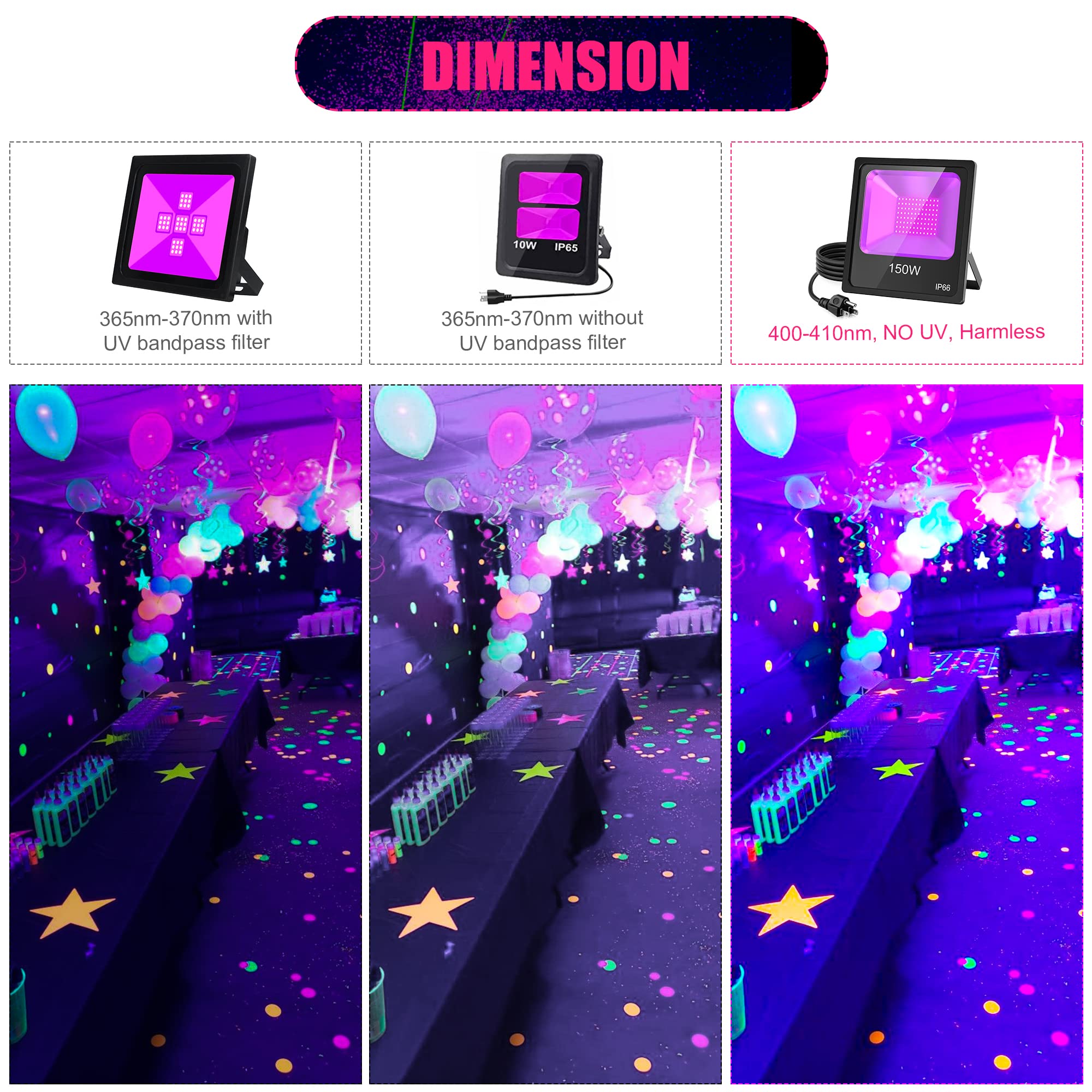 LED Black Light with Glow Tapes, 410nm UV Flood Lights with 10ft Cable & Plug, IP66 Waterproof, for Halloween Glow Party, Stage, Aquarium, Body Paint, Fluorescent Poster, 120V: 150W