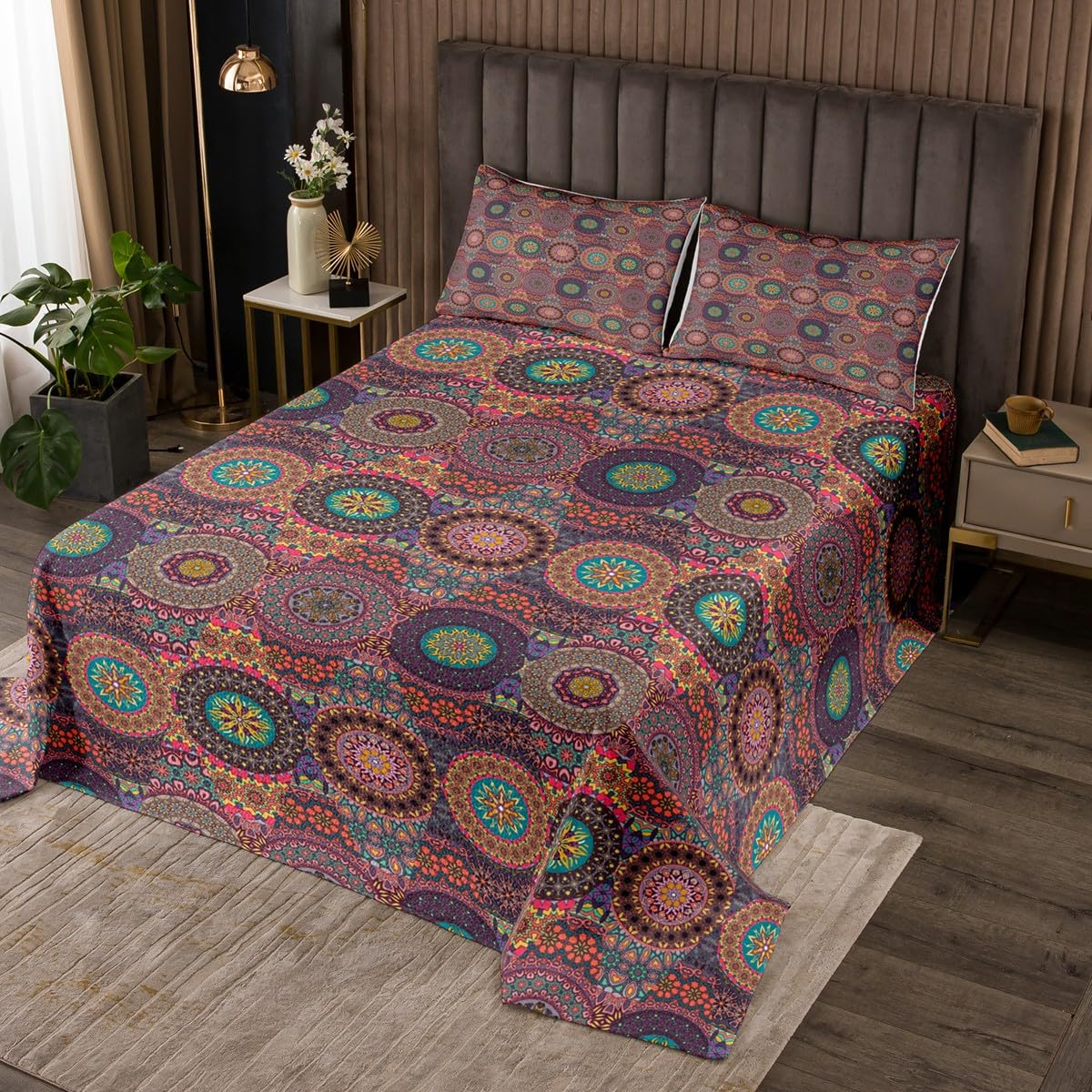 Exotic Bohemian Lotus Mandala Coverlet Set Twin Size,Vintage Irregular Geometric Quilted Coverlet for Kids Children Room,Abstract Flowers Bedspread 2 Piece Quilt Set with 1 Pillow Sham