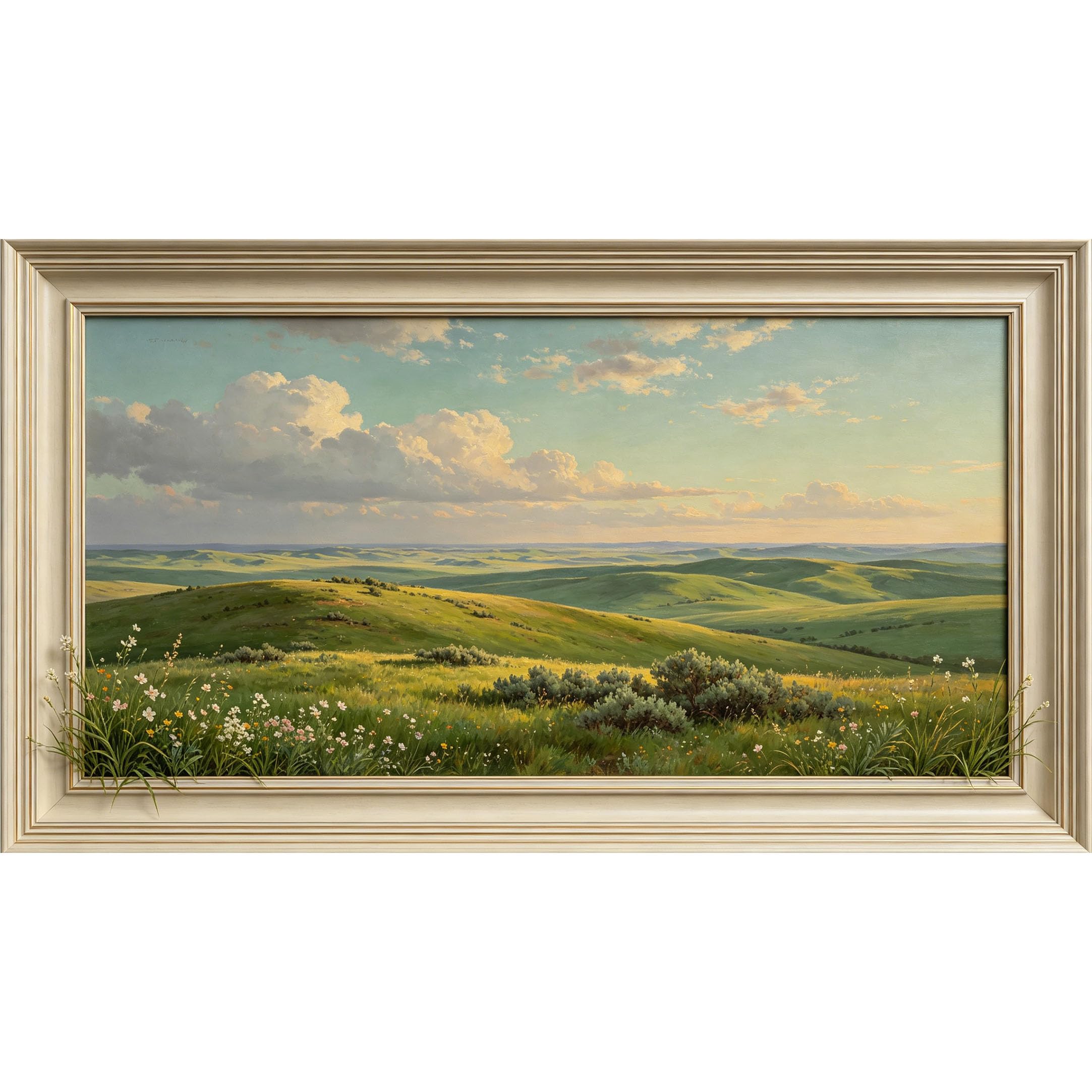 QZLITHOTIC 50×100cm 3D Framed Wall Art， Mountain Landscape Green Meadow Sunset View Self?Adhesive Mural， Water?Activated Peel & Stick Fabric Decor Wall Decal for Bedroom Living Room