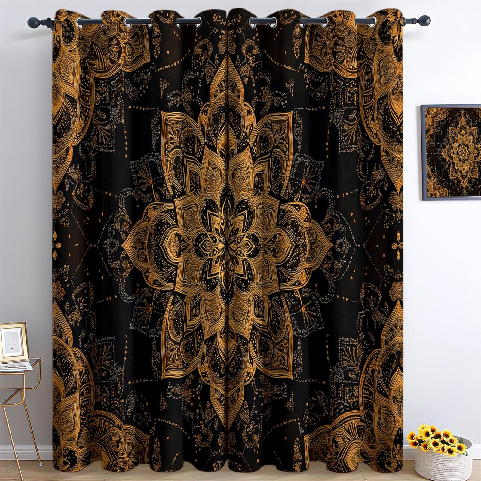 Tende Oscuranti per Interni 2 Pezzi 140x140 cm (LxA), Mandala Gold Tenda Coprente per Soggiorno, Termiche Isolanti Tendaggi per Interno con Anelli Finestra per Camera da Letto Salotto Cucina