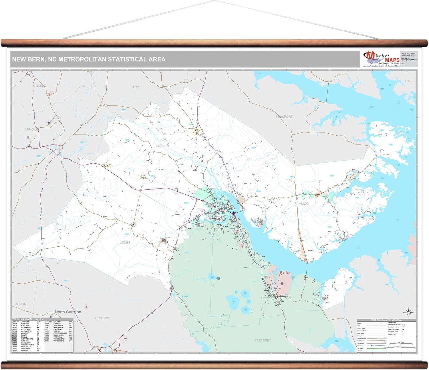 MarketMAPS New Bern, NC Metro Area Wall Map 2018 ZIP