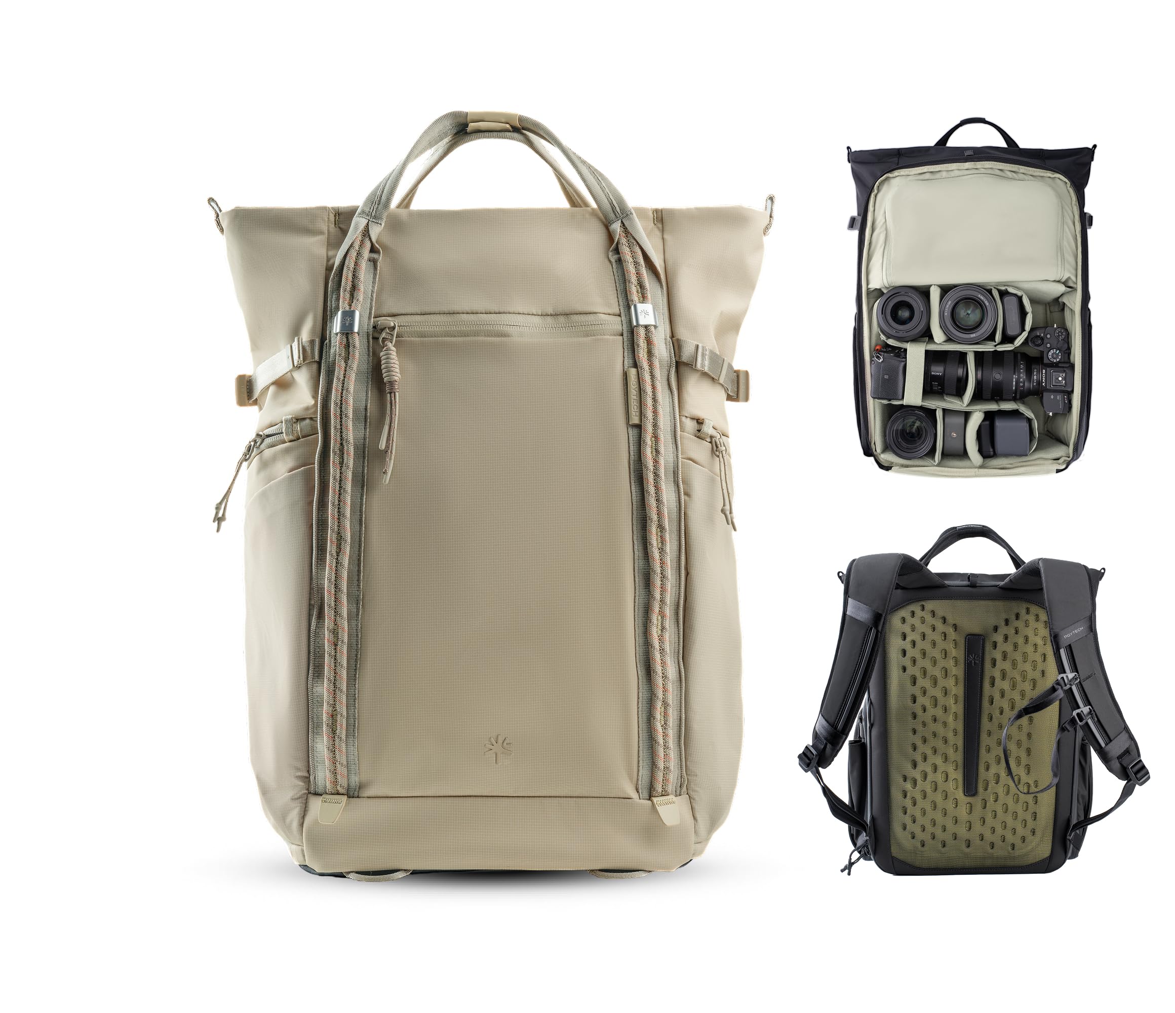 PGYTECH OneGo Roamer Zaino Fotografico 18L, Tote Casual Idrorepellente con Doppio Trasporto, per Fotocamere Reflex/Mirrorless, Drone DJI Mavic, MacBook Air 15", Supporto Treppiede (Khaki)