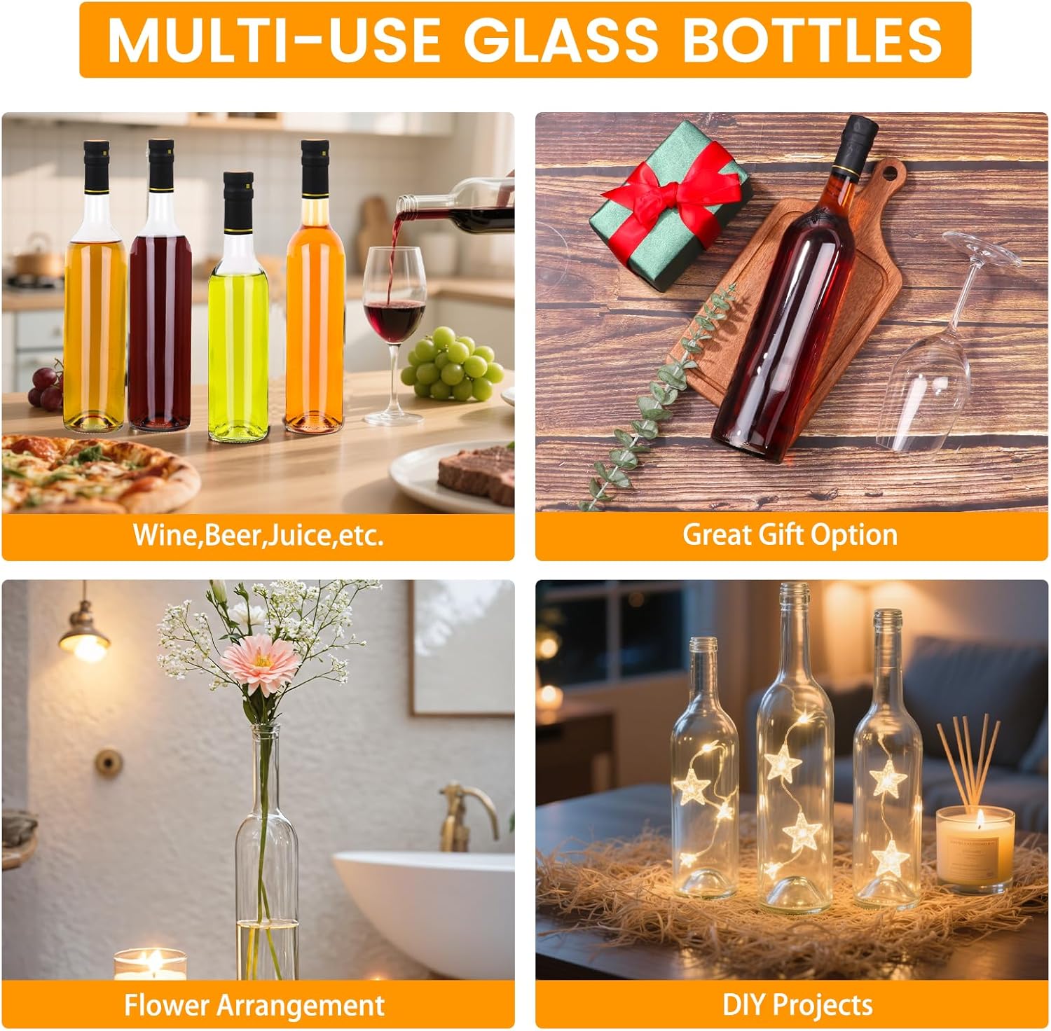 EkkoVla 12 Pack 16 oz Glass Wine Bottles, Clear Empty Liquor Bottle with T-Top Caps and Shrink Capsule Cap, Glass Bottle with Lids for Beer, Juice, Limoncello