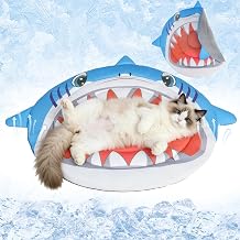 PUPTECK Cat Cooling Mat, 23.6x23.6 Reversible Cooling & Warm Cat Sleeping Blanket Pad, Soft & Comfortable Summer Pet Cool Thicken Bed for Kittens Small Dogs, Blue Shark
