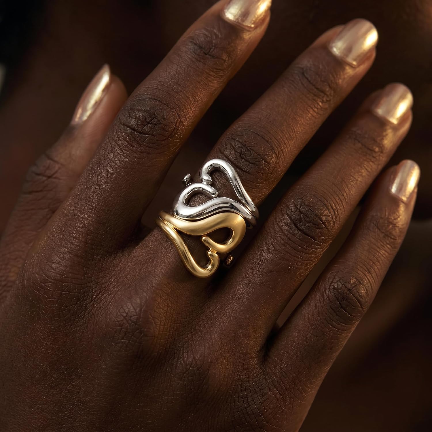 14K Gold Plated Adjustable Heart Ring for Women – Open Stacking Ring, Wear Alone or Layered, Two-Tone Intertwined Butterfly Design, Individual or Set, Perfect Promise or Friendship Gift