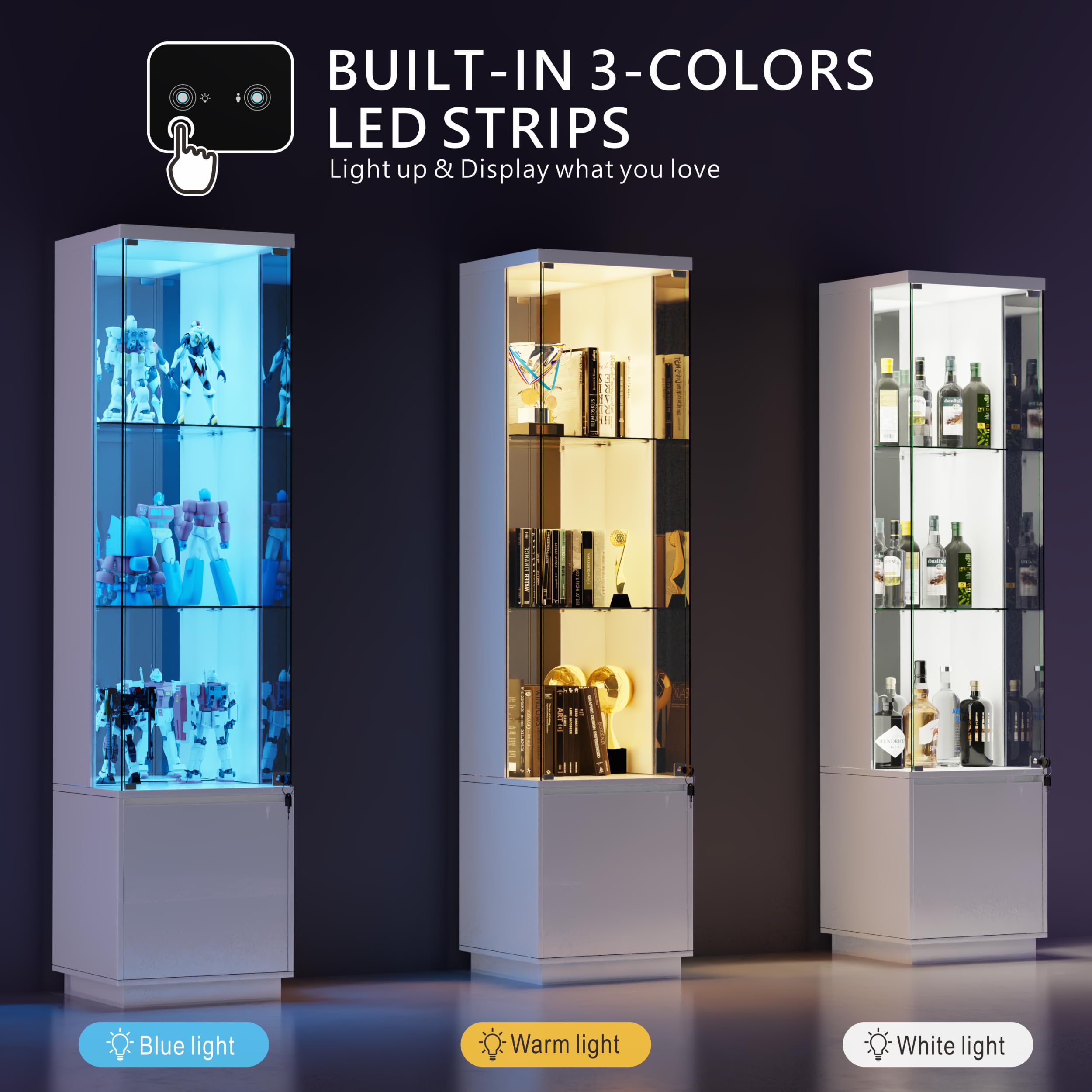 Lvifur Glasvitrine mit LED Beleuchtung und Schubladen,Vertikale Vitrine mit Intelligente Sensorik,Glas Holz Vitrinenschrank 3-Lagen Sammlervitrine für Sammlerstücke,Wein,Wohnzimmer,Schlafzimmer