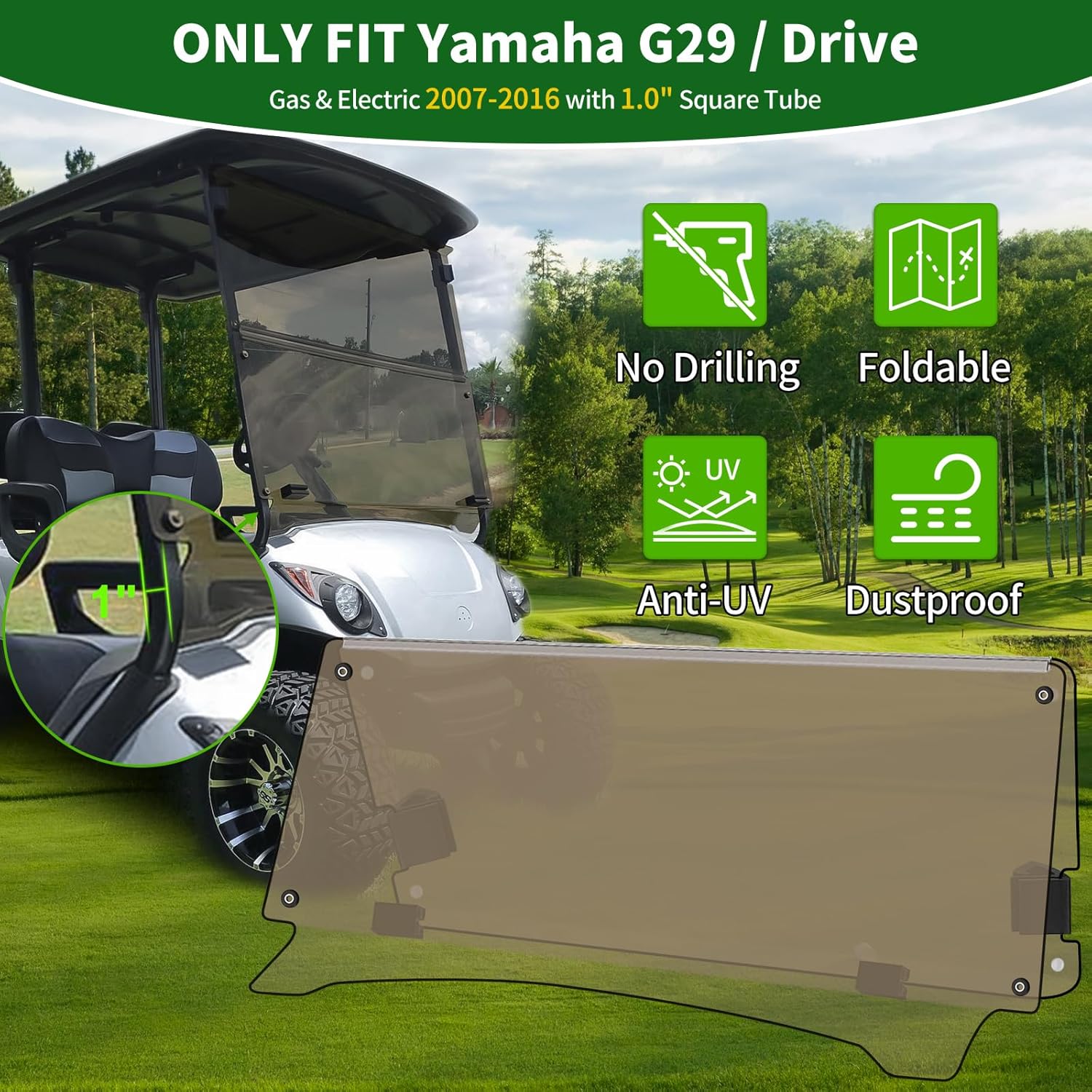 Golf Cart Foldable Windshield 3/16" (5MM) Thicken Only Fits 2007-2016 Yamaha G29/Drive, Fits 1"×1" Struts Rail Front Folding Acrylic Windshield Replacement, Included Mounting Hardware