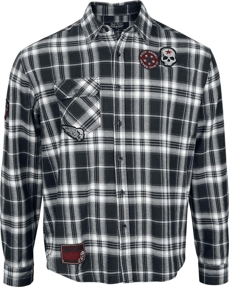 Rock Rebel by EMP Hombre Camisa de Manga Larga Negra/Gris con Bolsillos en el Pecho y Parches.