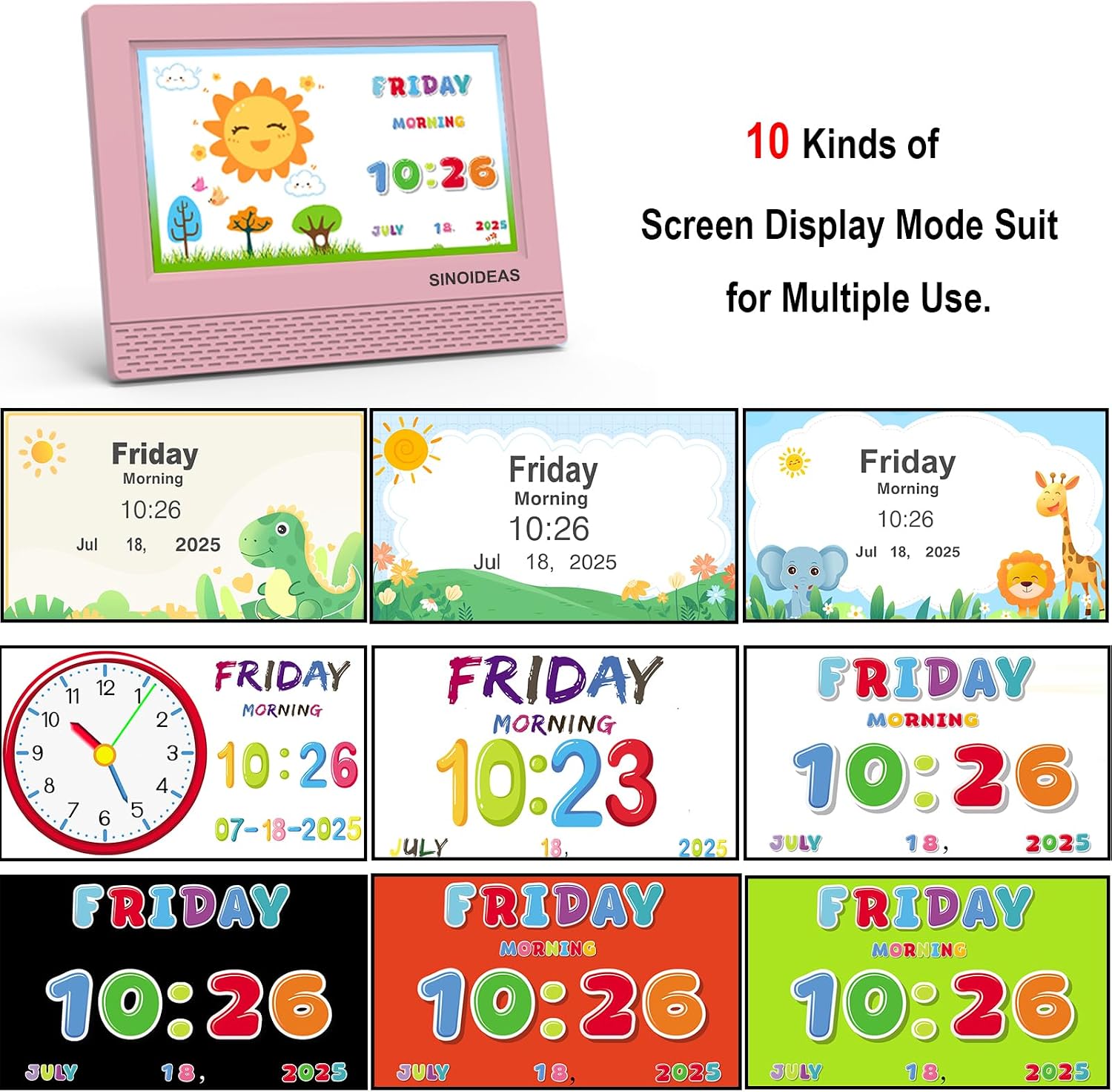 SINOIDEAS 7-Inch Kids' Digital Alarm Clock,Children's Sleep Trainer with Remote Control & Custom Reminder Function (Pink)