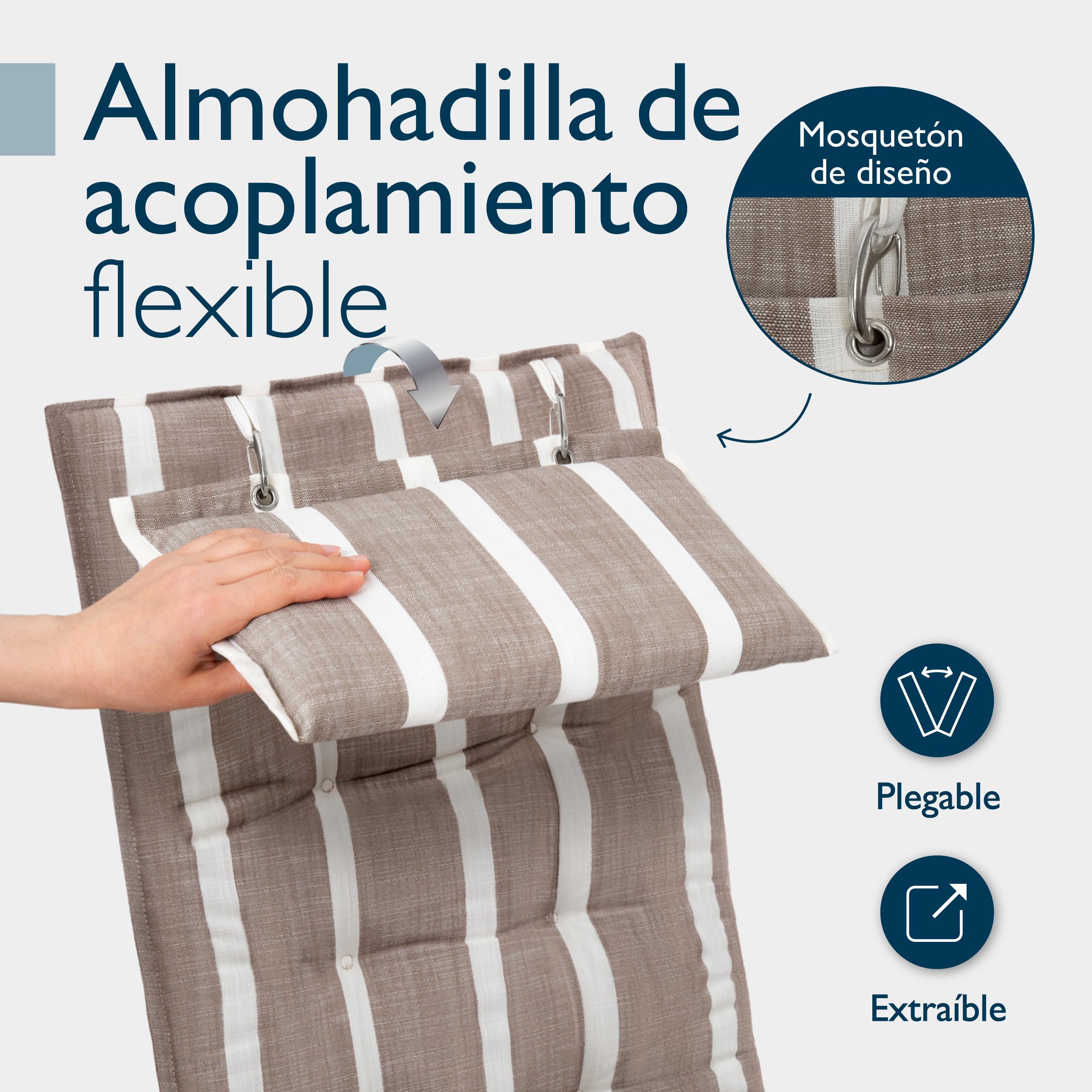 Beautissu Set 2 Premium Cojin Silla Jardín con Respaldo Alto y Almohadilla 120x50cm Sun-HL – Resistencia UV 8cm Grosor Acolchado Cojín Exterior con Respaldo Antideslizante – Rayas Beige Blanco