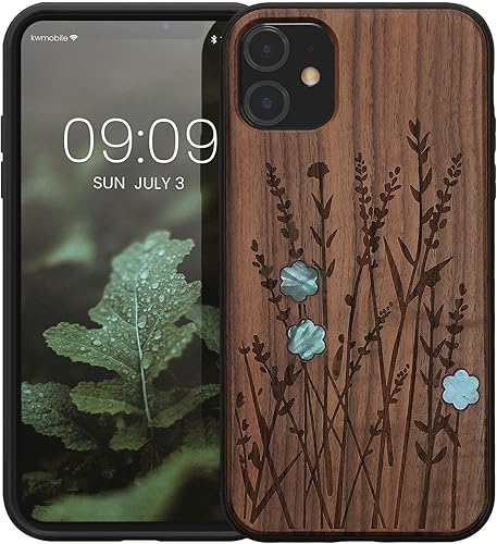 Miniatura 8 de kwmobile Funda de madera compatible con Apple iPhone 11, diseño de flores silvestres, color marrón oscuro