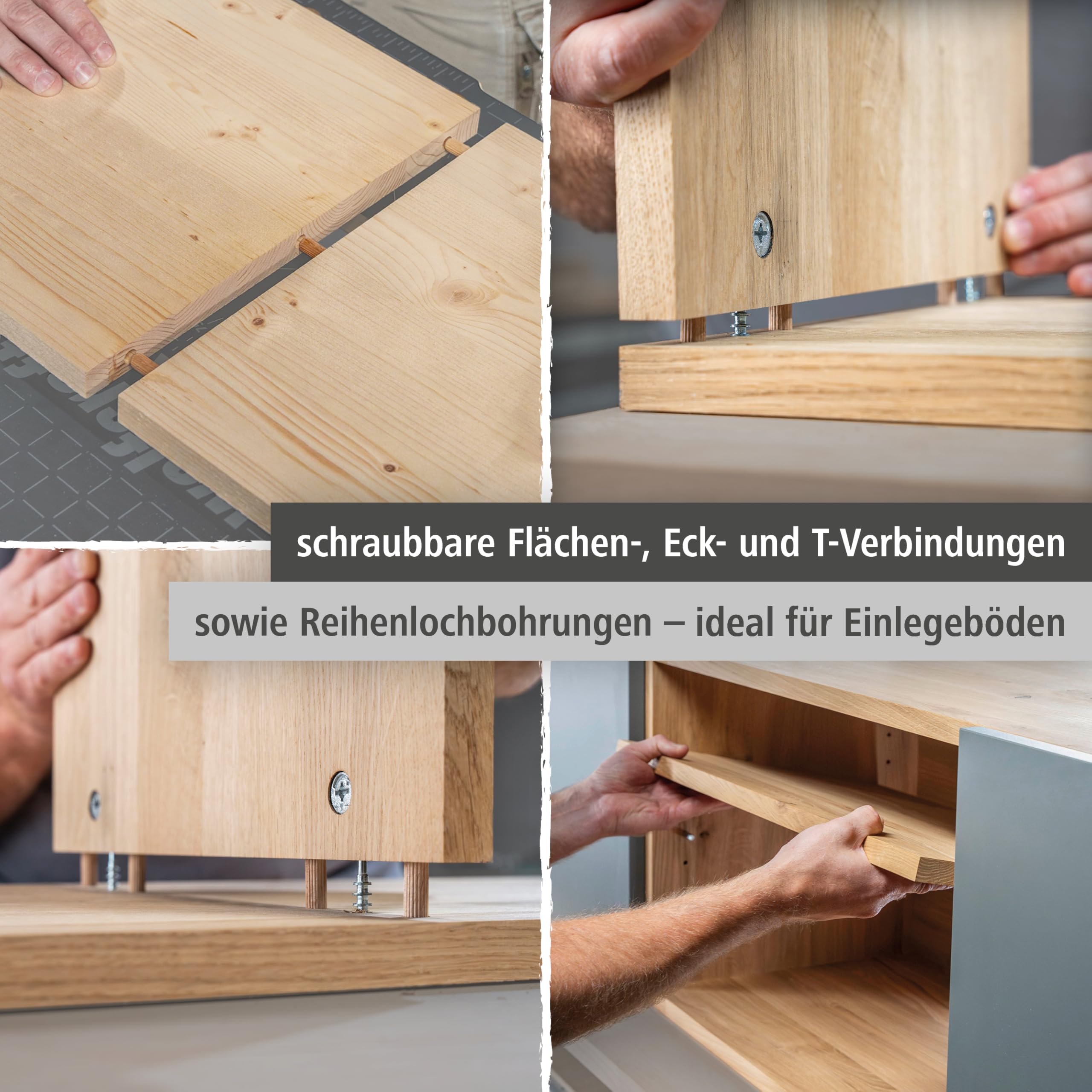 Wolfcraft Exzenter-Möbelverbinder-Set - Möbelbau-Set mit Bohrschablone | Komplett-Set für lösbare Eck-, T- und Flachverbindungen inklusive Forstnerbohrer, Schrauben und Dübeln - 4665000