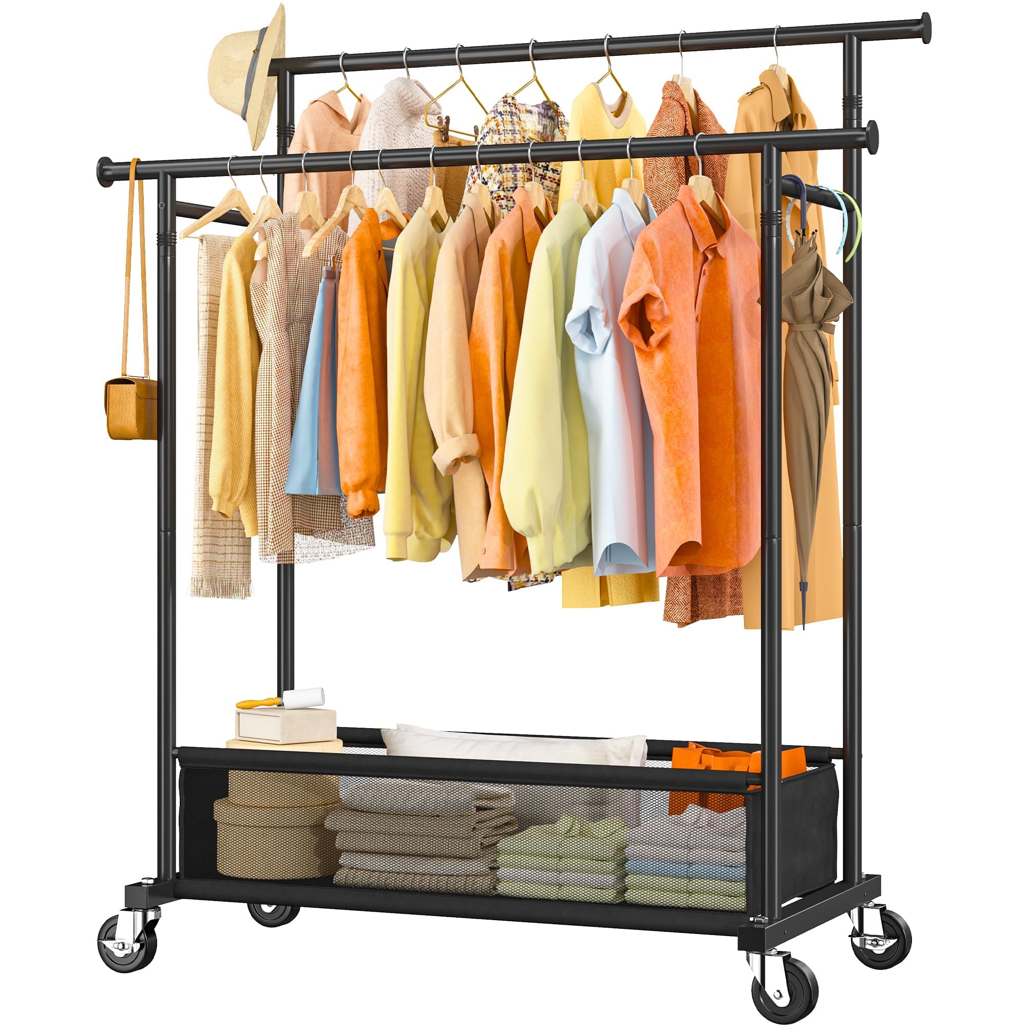 Cliporix 110cm Double Clothes Rail with Lockable Wheels & Storage Basket, Heavy Duty Hanging Clothes Rack for Small Spaces, Bedroom, Laundry, Students, Renters, 45D x 110W x 160H cm, Black