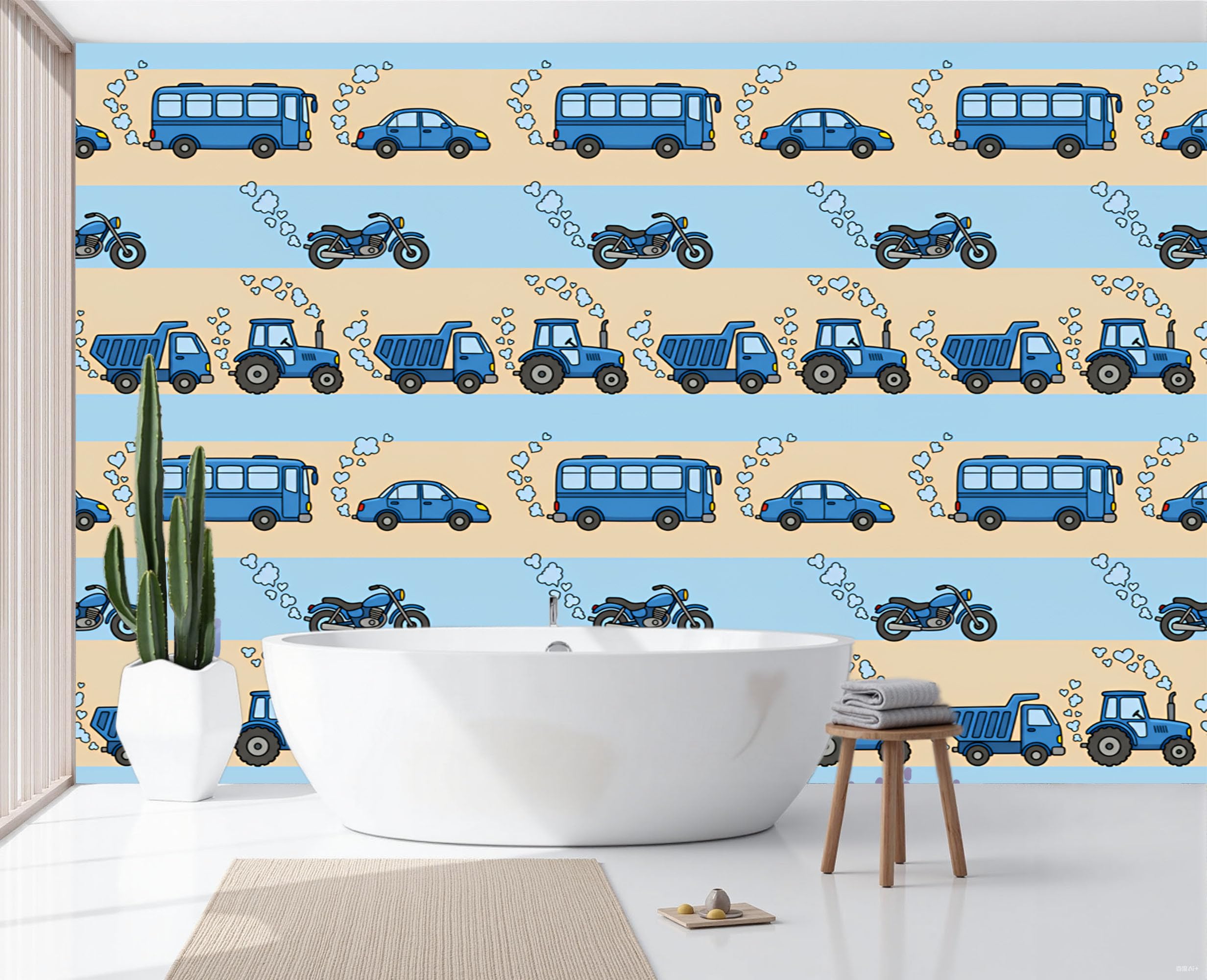 Papier peint panoramique voiture dessin animé bleu pour fond TV du salon familial