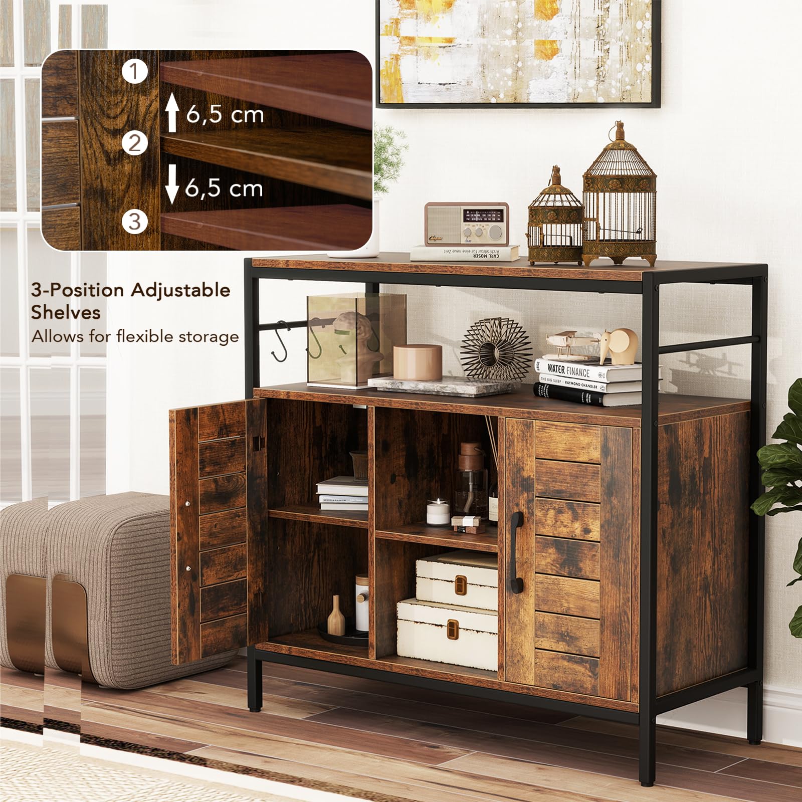KOMFOTTEU Credenza Cucina Industriale, Mobile Buffet Legno Metallo 2 Ante | Armadietto Dispensa con Scaffali Regolabili, Armadio per Corridoio, Sala da Pranzo, Soggiorno, 84x35x80 cm