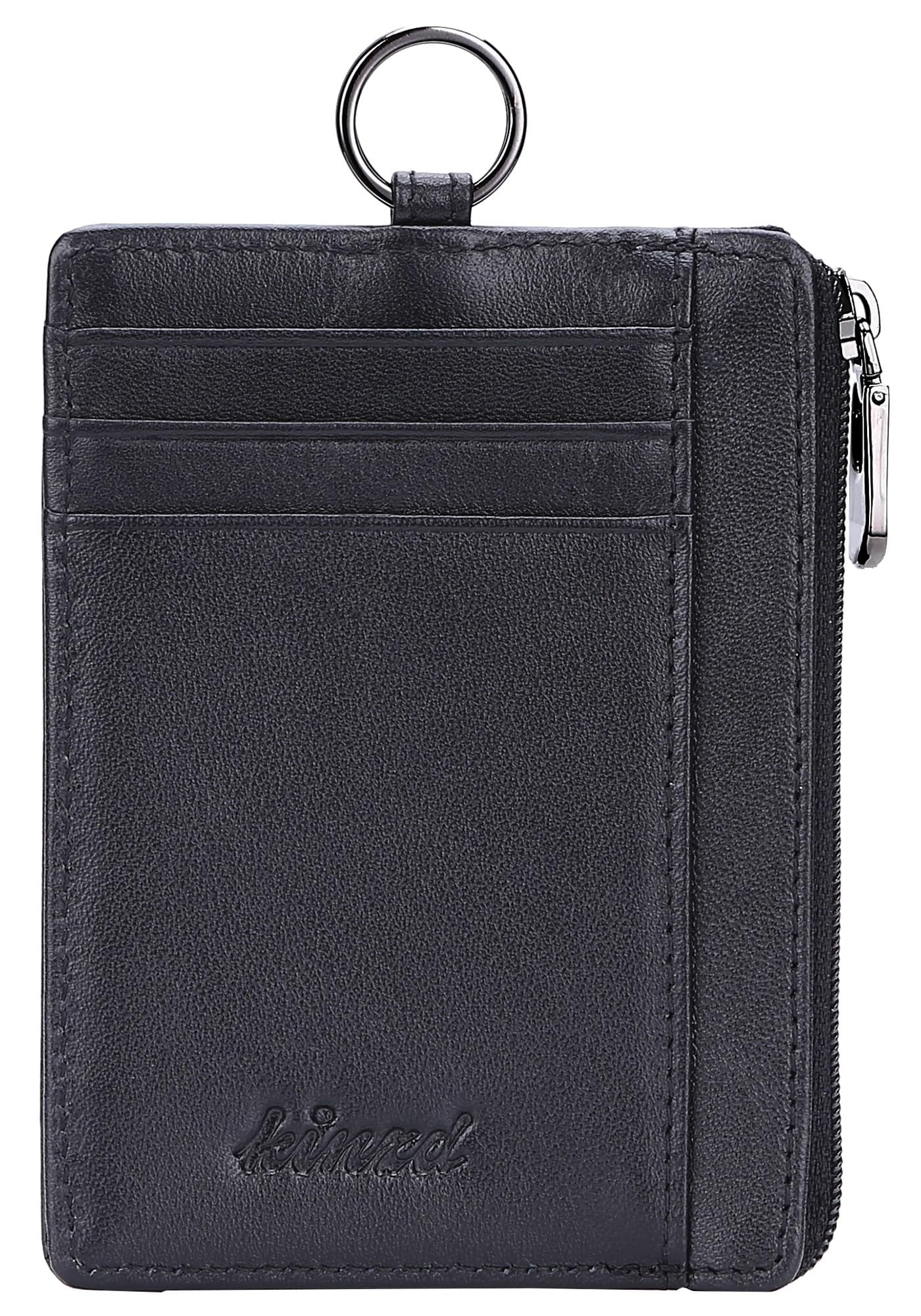 Slim Minimalist Zipper Credit Card Holder Leather Front Pocket Wallet with Keychain Ring Lanyard Strap