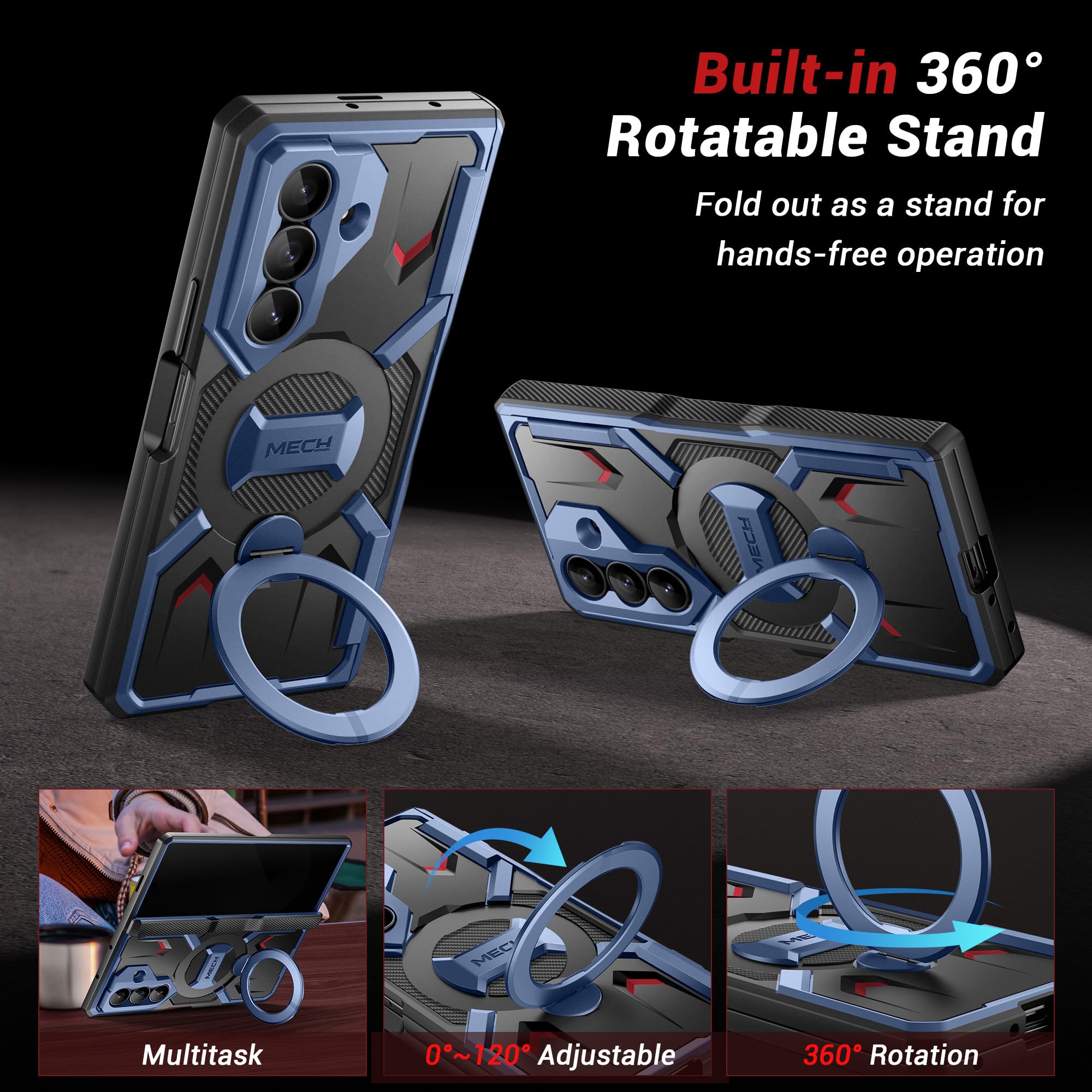 Tongate 360°Drehbarer Magnetständer für Samsung Galaxy Z Fold 7 Hülle mit Privatsphäre Bildschirmschutz, [Kompatibel mit Magsafe] [Anti-Spionage] [360°Ringhalterung] Vollständig Stoßfeste Hülle, Blau