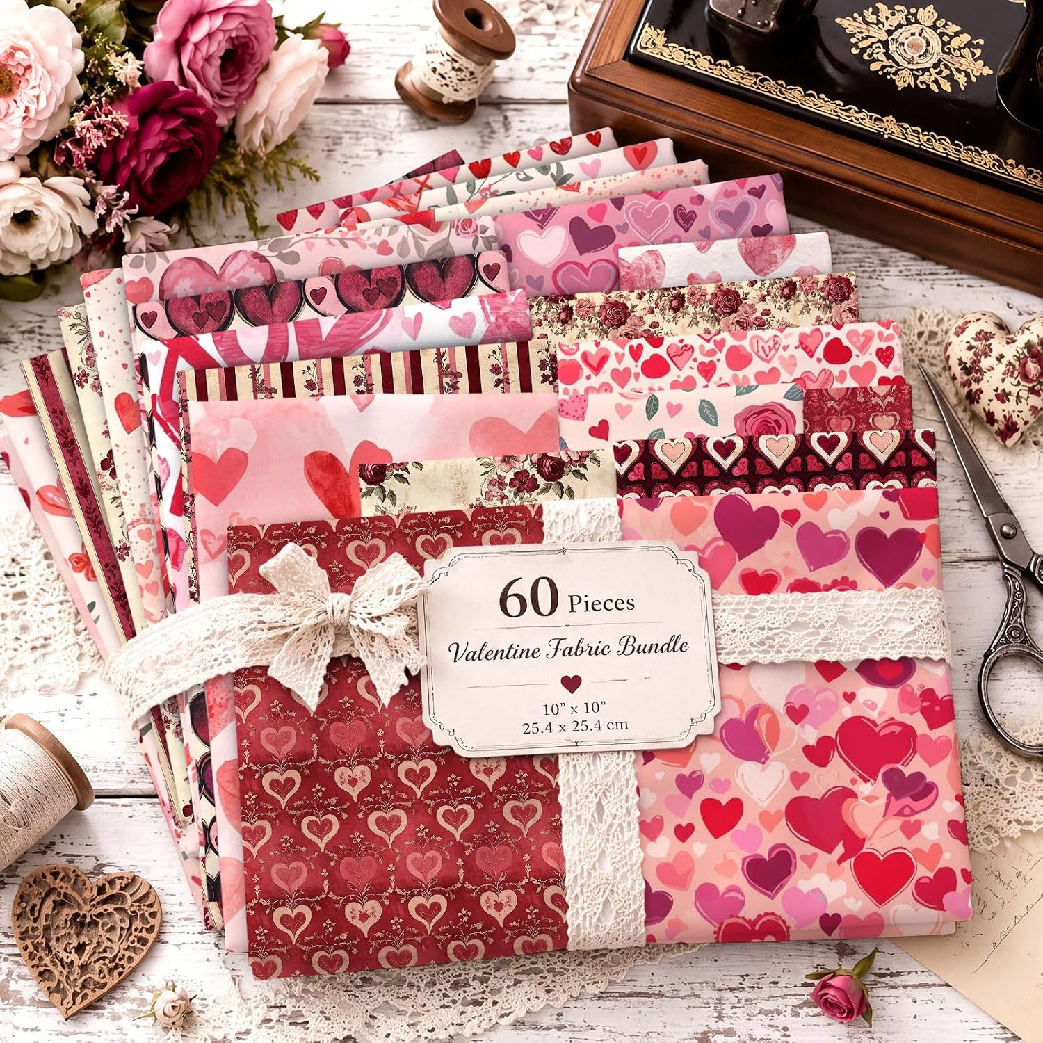Tudomro 60 Pcs Valentines Day Heart Floral Quilting Fabric 10 x 10 Inch image 2