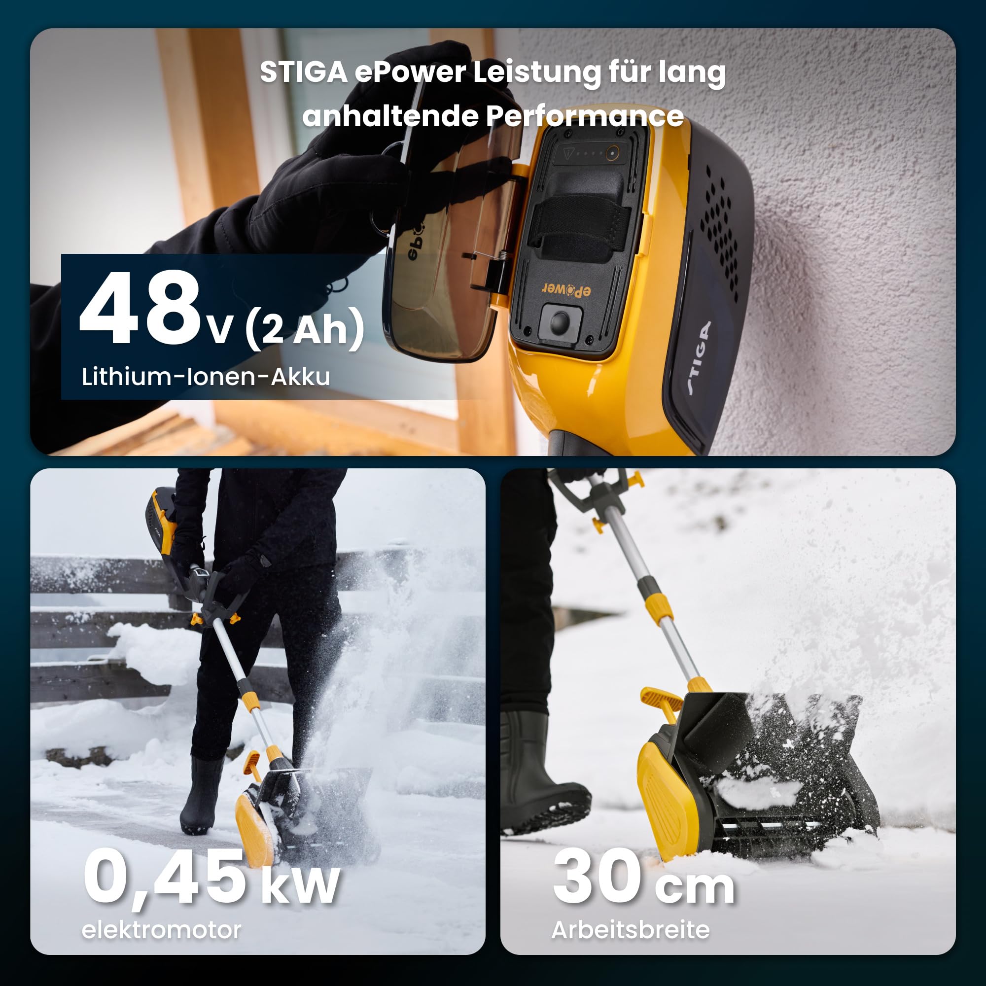 STIGA ST 300e Kit Schneefräse (450W), Betrieb bis -20°, Inkl. 48V (2Ah) Akku & Ladegerät, Gelb