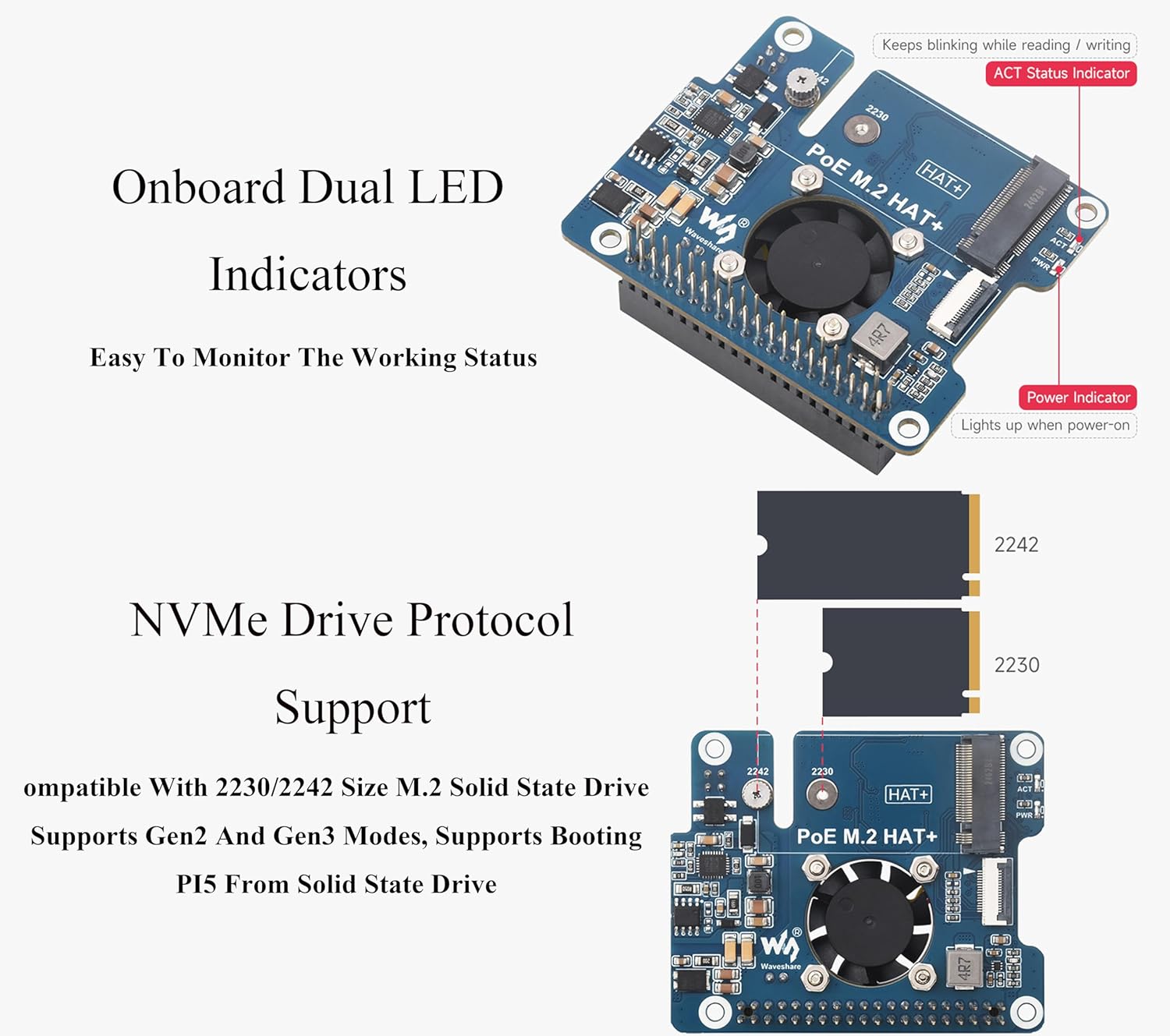 PCIe to M.2 Adapter with PoE HAT for Raspberry Pi 5, Power Over Ethernet Support IEEE 802.3af/at Network Standard, NVMe Protocol 2230/2242 M.2 Solid State Drive, Gen2 and Gen3 Modes